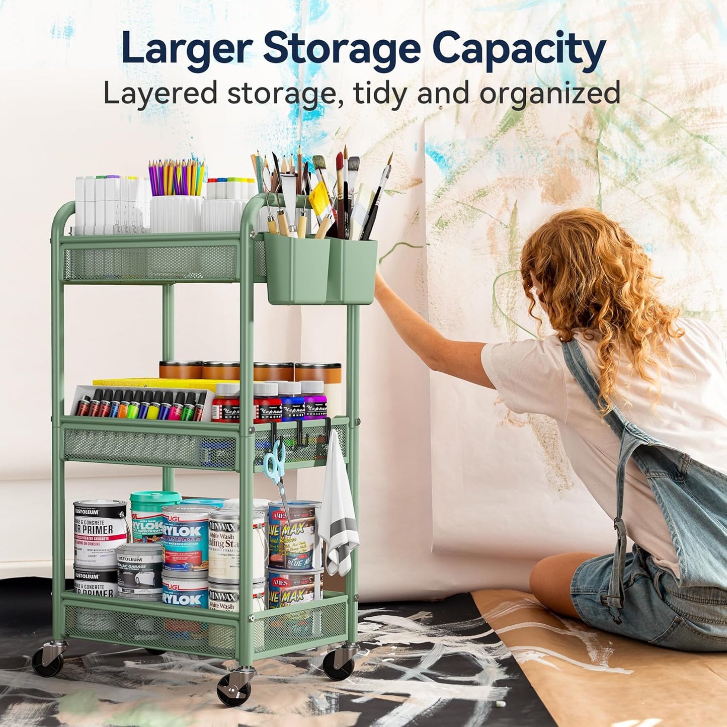 YASONIC 3 Tier Rolling Cart – Metal Utility Storage Cart with Wheels, Craft Carts Organizer with Hanging Cups, Hooks, Mesh Basket for Bedside Kitchen Office Art, Green