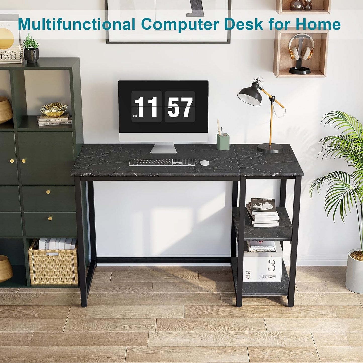 SINPAID Computer Desk 40 inches with 2-Tier Shelves Sturdy Home Office Desks with Large Storage Space Modern Gaming Desk Study Writing Laptop Table, Black Marbling