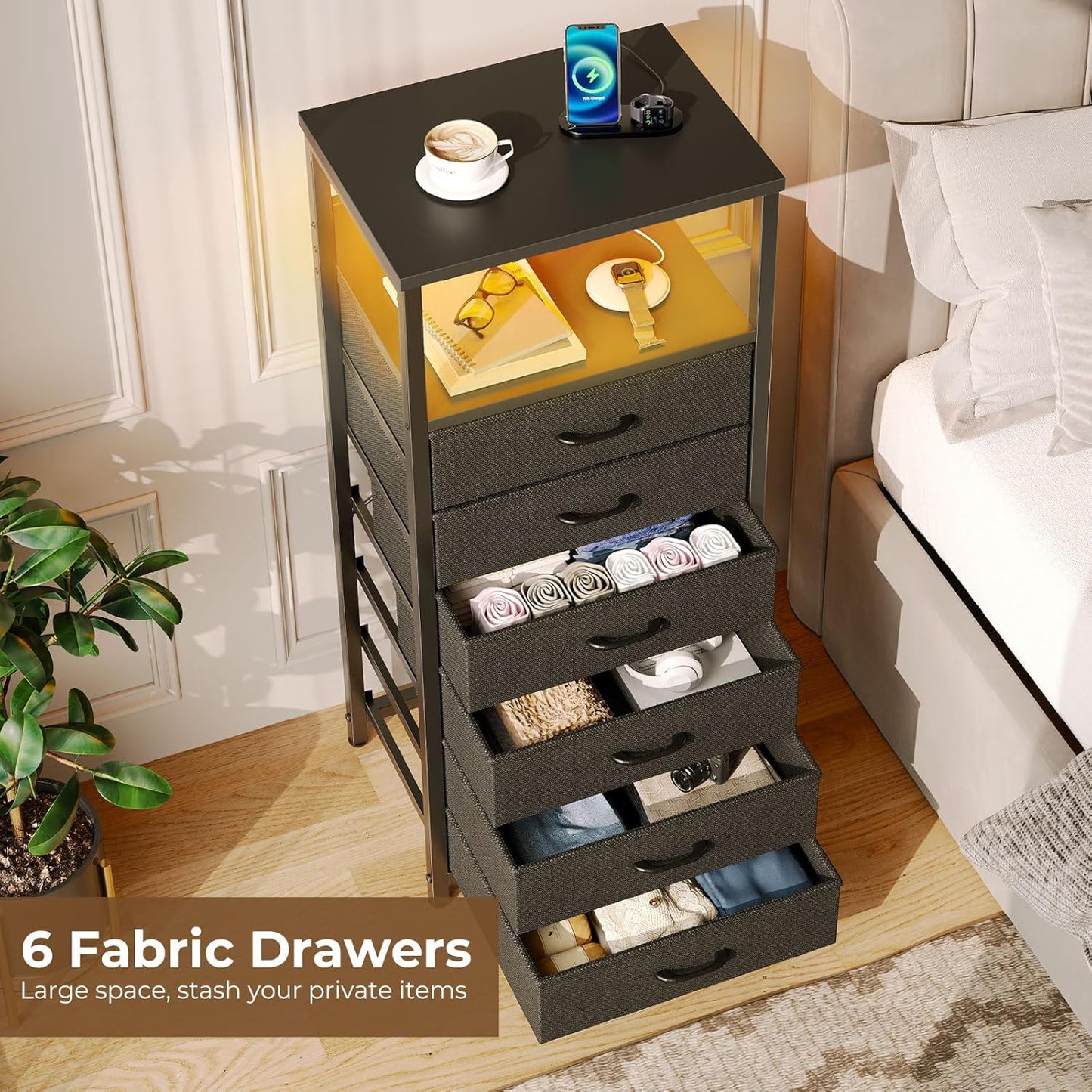 Seventable Night Stand with Charging Station, Tall Nightstand with 6 Fabric Storage Drawers, Side Table with LED Light for Bedroom, Entryway, Black, Set of 2