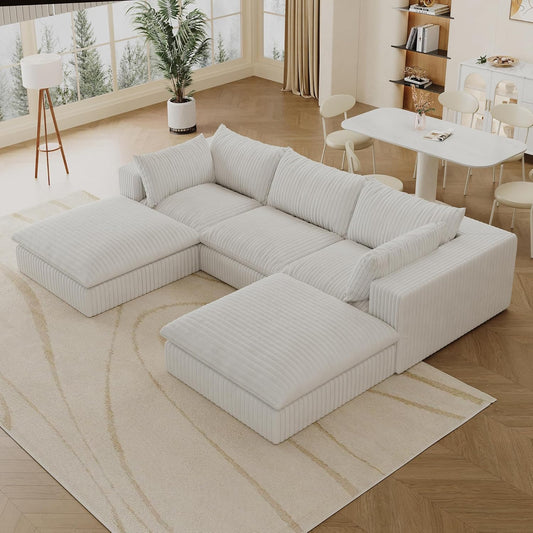 Down Filled Boneless Sectional Sofa Cloud Couch with Movable Ottomans, 118 inch Convertible U Shaped Lounge Couch w/Deep Seat, Fluffy Corduroy Upholstered Compress Modular Sofa