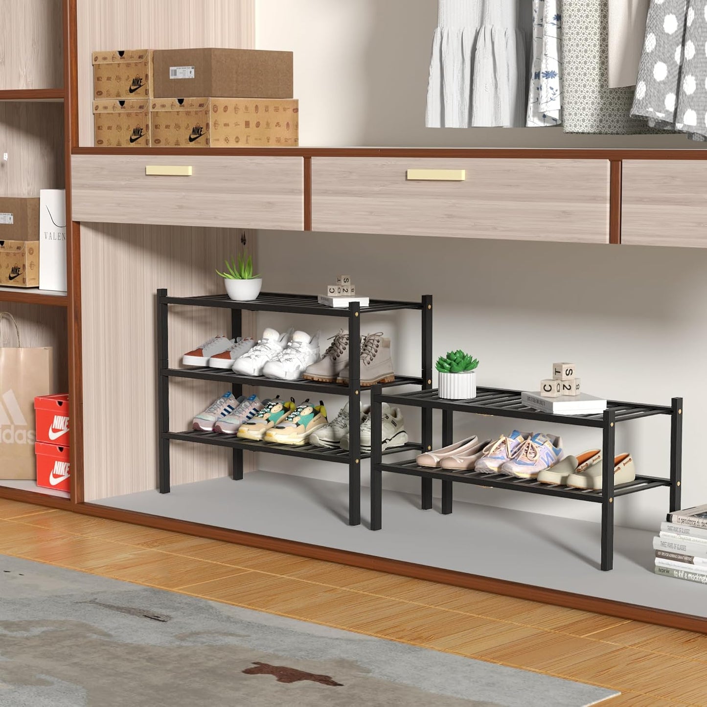 3 Tier Bamboo Shoe Rack for Closet Free Standing Wood Shoe Shelf Storage Organizer for Entryway Small Space Stackable 27"x11"x20" (Black)