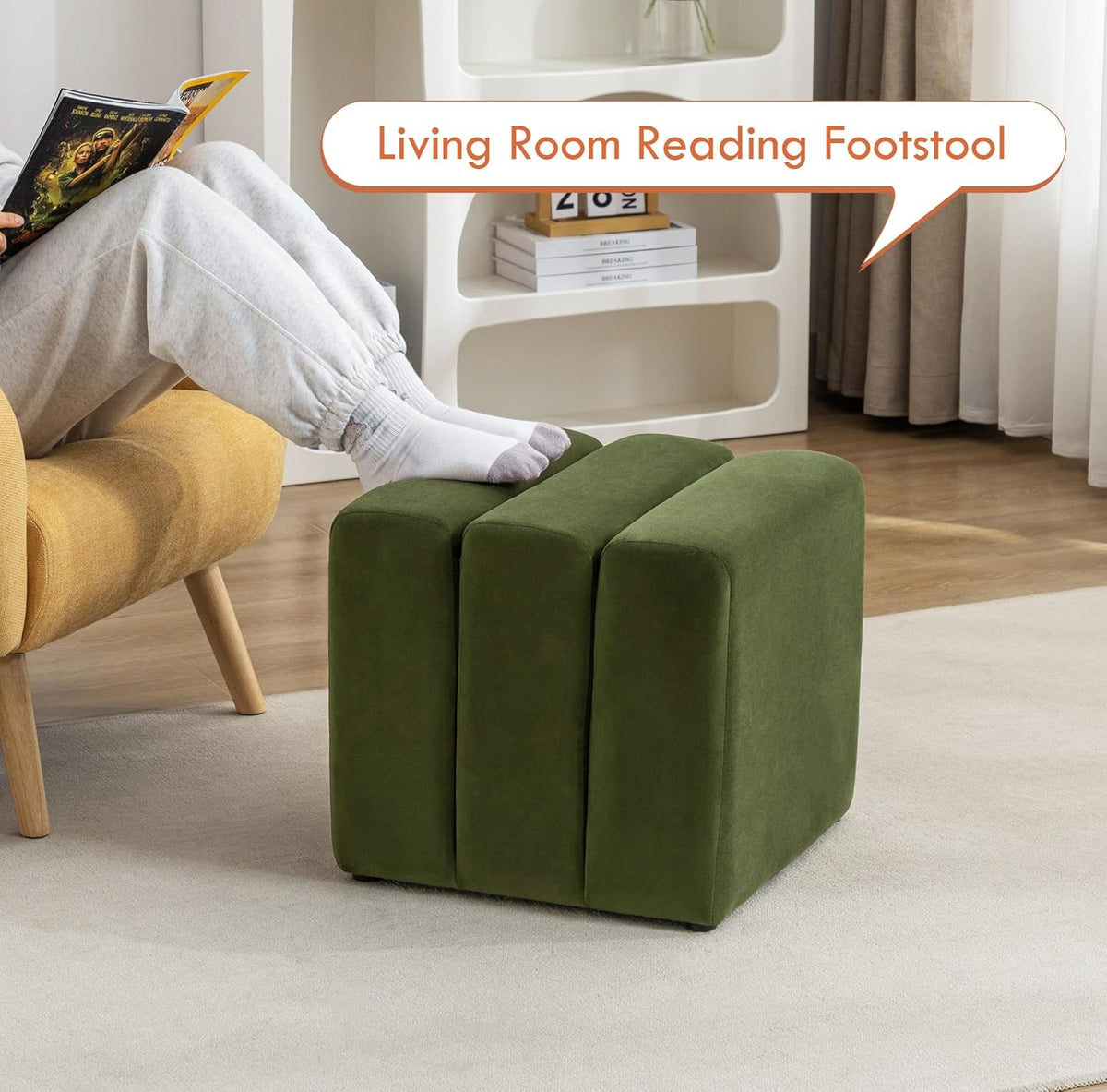 ONEVOG 18" Large Square Ottoman Foot Rest, Olive Green Velvet Fabric Upholstered Modern Cube Footstool, Vanity Stools, Couch Footrest, Comfy Ottoman Pouf Seat for Living Room, Bedroom, Coffee Table