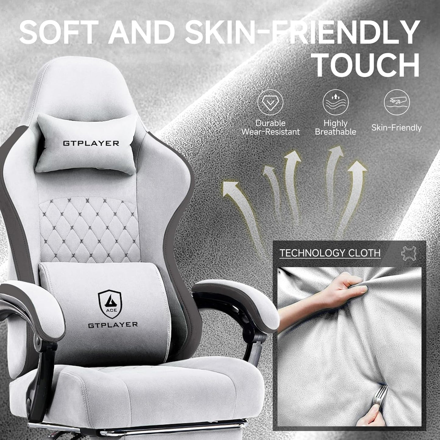 GTPLAYER Office Chair, Gaming Computer Desk Fabric Chair with Footrest, High Back Ergonomic Office Chair with Pocket Spring Lumbar Support and Linkage Armrests Adjustable Height Swivel for Home Task