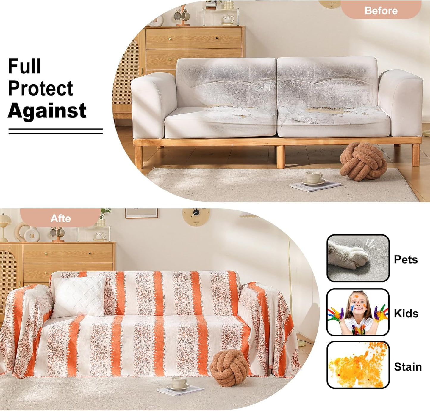 Boho Couch Cover, Sofa Cover, Sofa Covers for 2 Cushion Couch, Washable Sectional Couch Covers for Dogs Pet Furniture Protector Couch Cover Blanket for Living Room (1# Orange, 71" x 102")