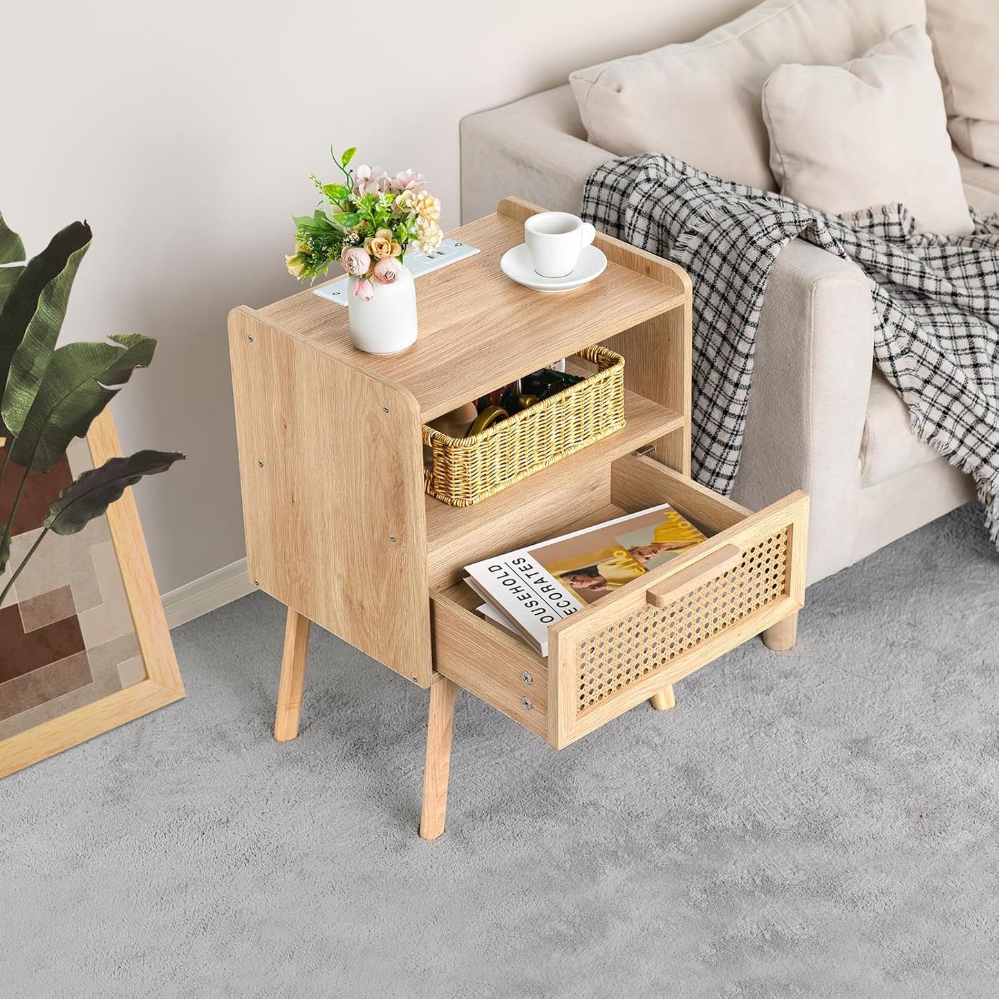 Lerliuo Rattan Nightstands Set of 2 with Charging Station, Boho Side Table with Drawer Open Shelf, Cane Accent Bedside End Table with Solid Wood Legs for Bedroom, Dorm and Small Spaces (Natural)