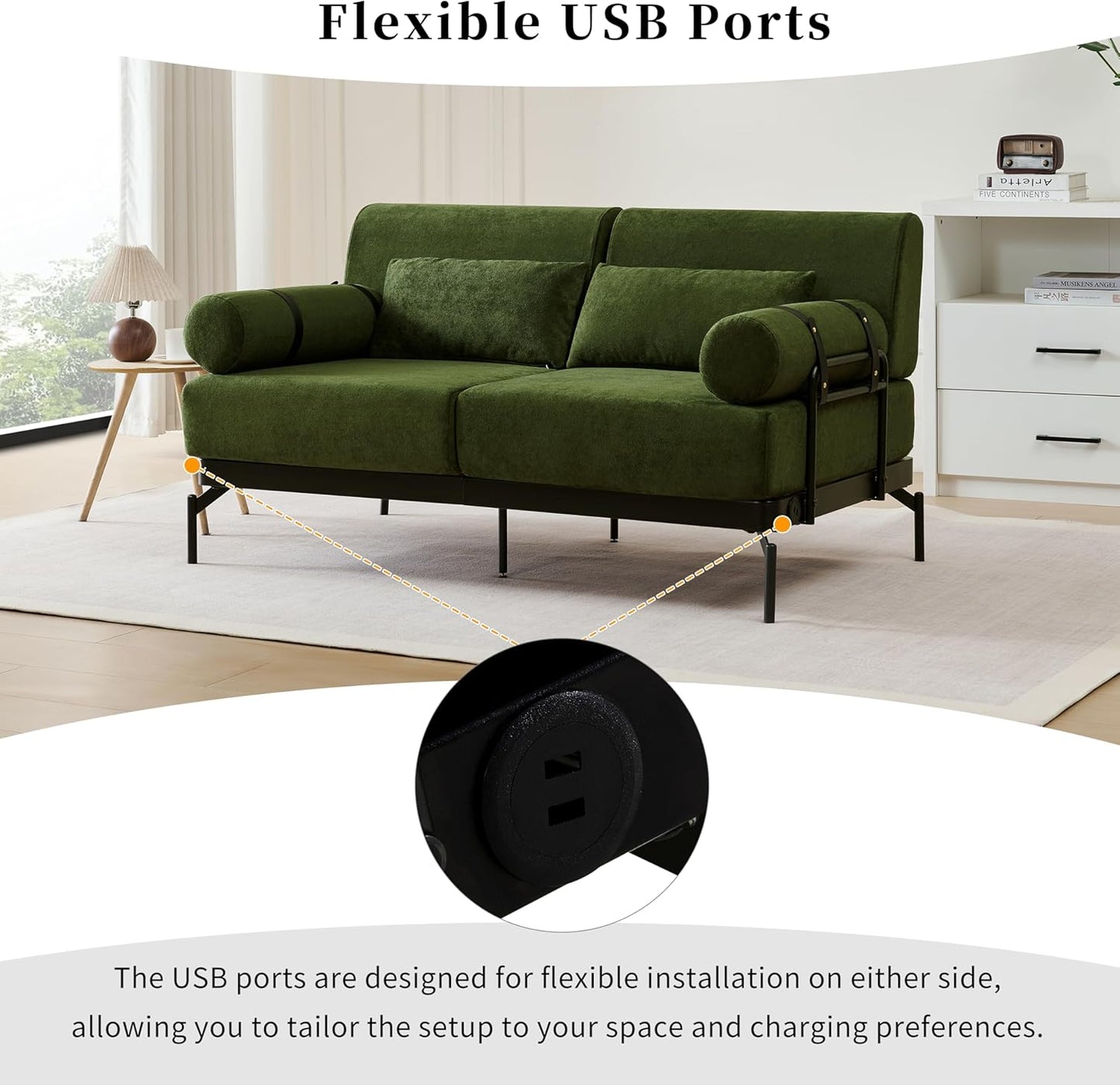 Modern Loveseat Sofa 59" Sofa Couch 2-Seater Sofa with Flexible USB Ports, Unique Cylindrical Armrests for Living Room, Green
