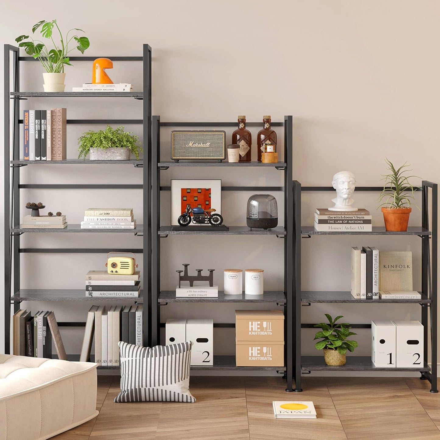 BHG Vintage Multifunctional Folding Bookshelf, No-Assembly Plant Stand Storage Rack Shelves for Home Office (Gray, 4-Tier)
