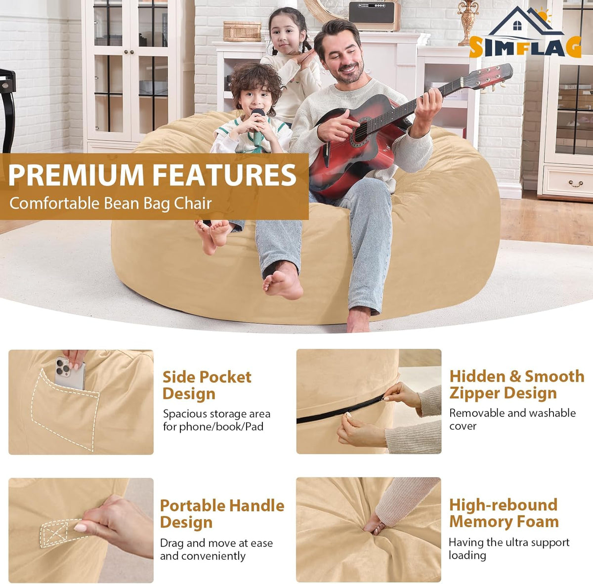 4FT Bean Bag Chair, Large Bean Bag Chairs with Memory Foam Filled, Fluffy Beanbag Sofa with Dutch Velvet Cover, Round BeanBag Chairs for Living Room, Playroom - Khaki