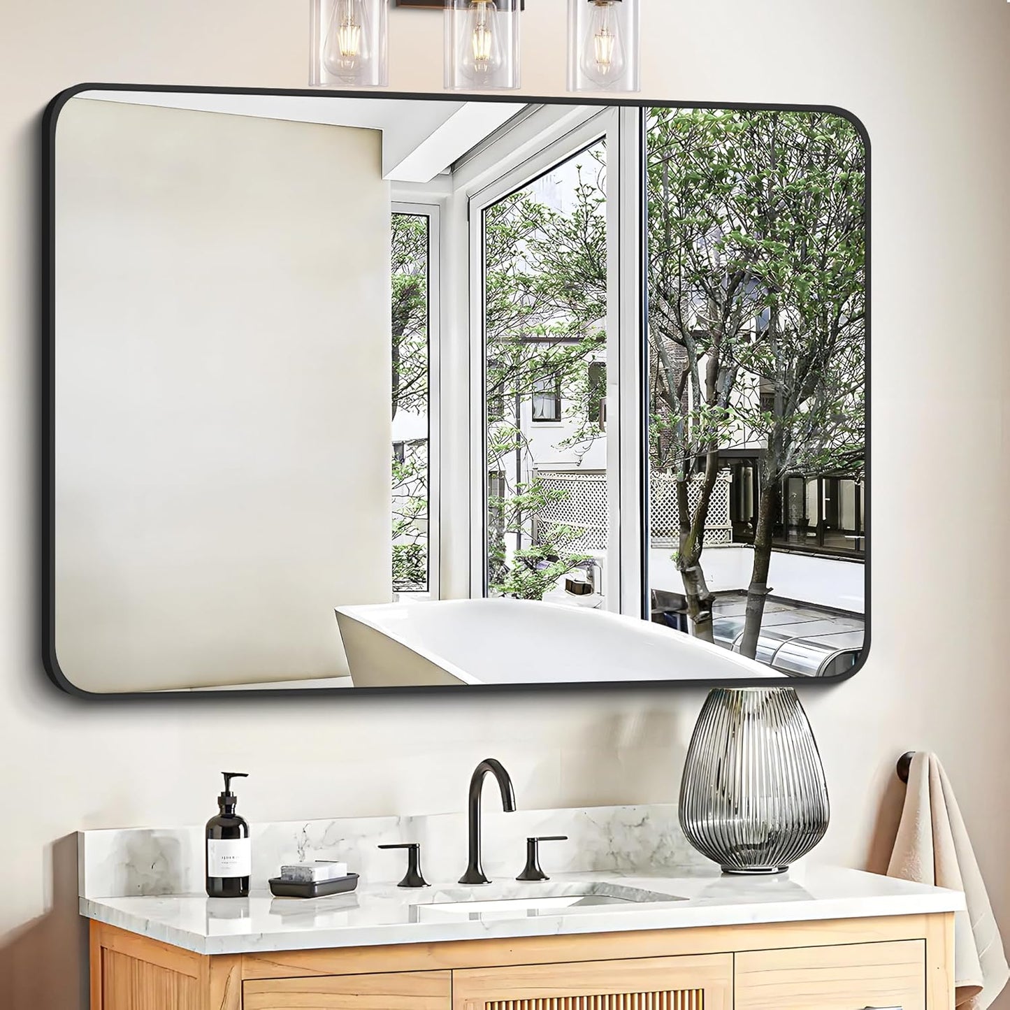 FORBATH Bathroom Mirror 30" X 40", Large Rectangular Wall Mirror, Black Metal Framed Rounded Corner Wall Mounted Mirror for Bathroom Bedroom Entryway Decor(Horizontal/Vertical)