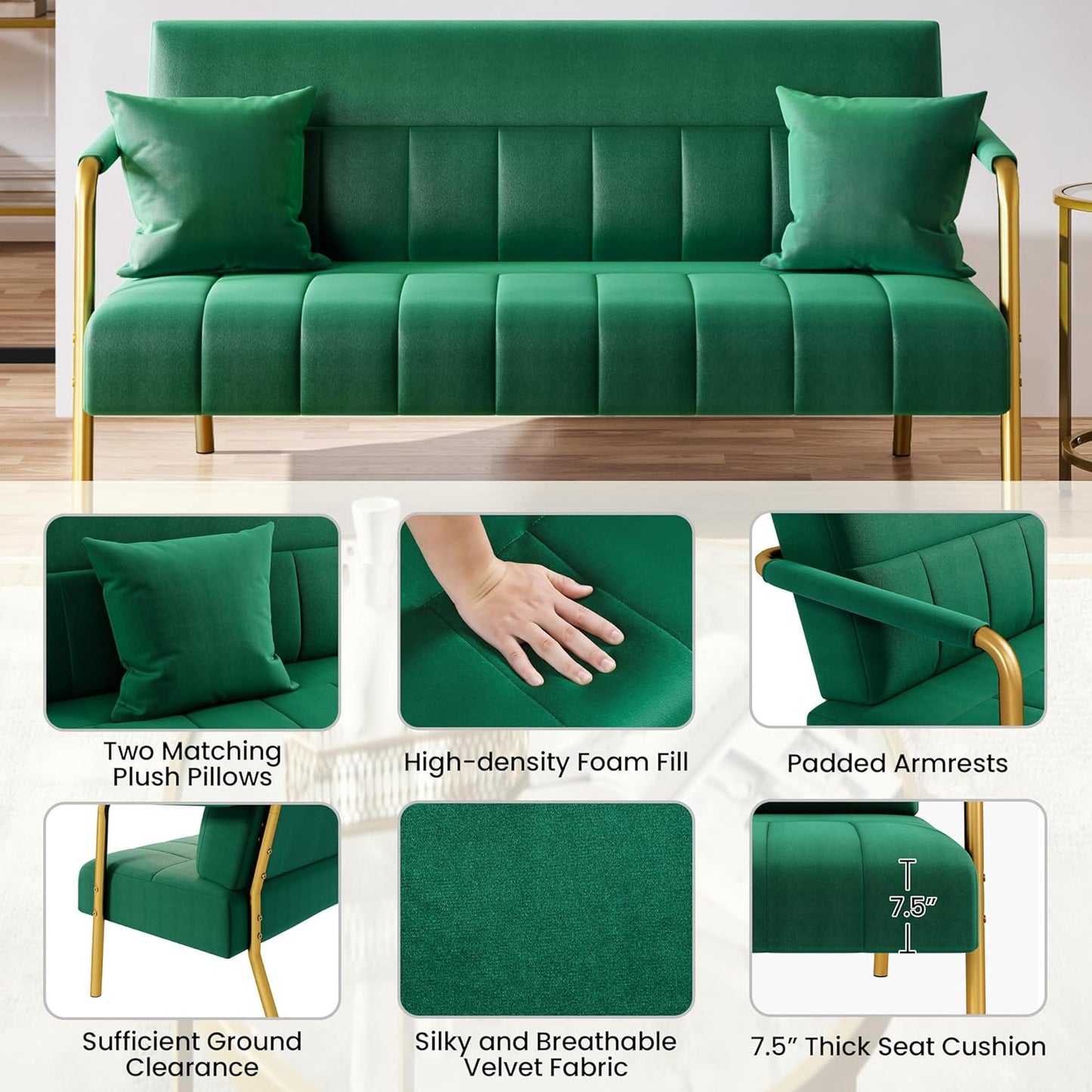 Yaheetech 56.5" W Modern Sofa Small Sofa Luxurious Velvet Fabric Couch with Gold-Tone Metal Arms and Legs for Living Room, Home Office, Studio Green