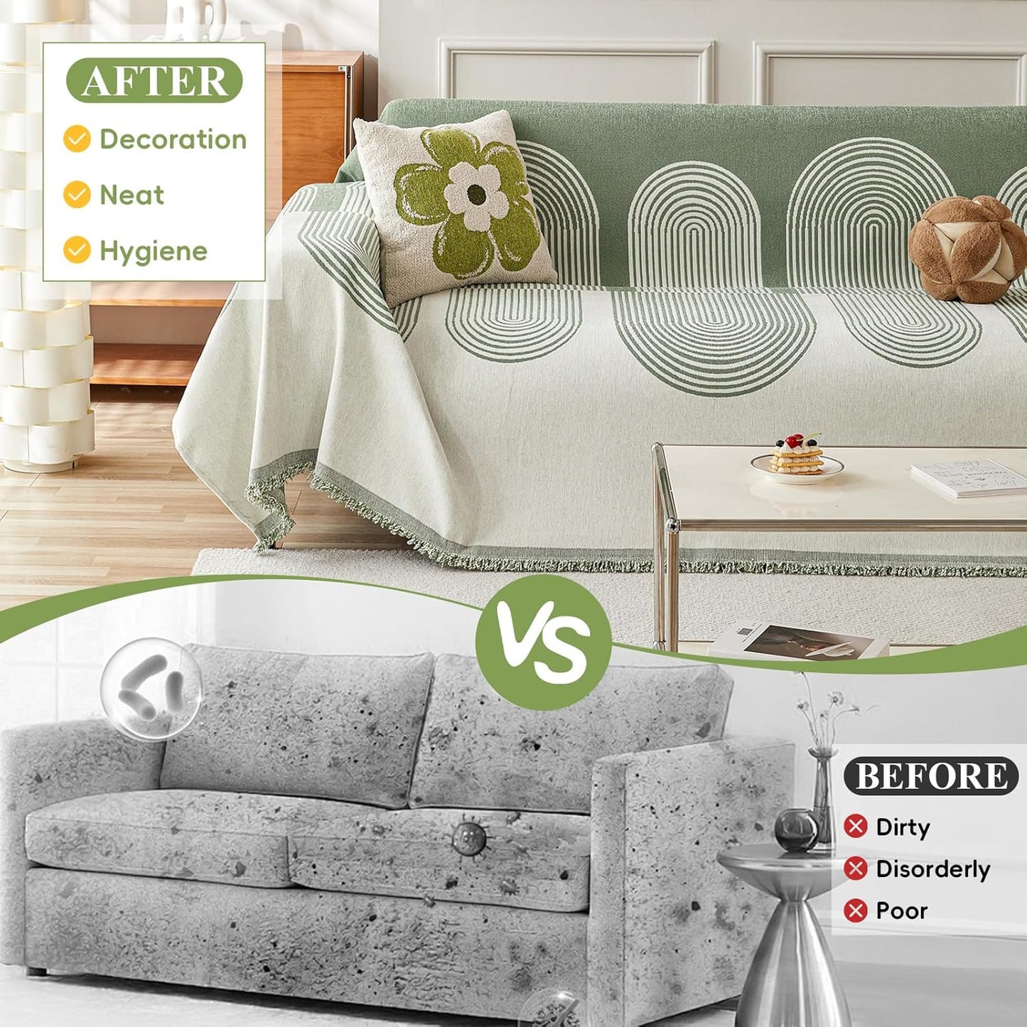 STACYPIK Green Geometric Couch Cover Boho Sofa Cover for Sectional Non-Silp Sofa Covers for Dogs Reversible Beige Couch Cover Loveseat Cover L Shaped Furniture Protector for 3 Cushion Couch-71X150IN