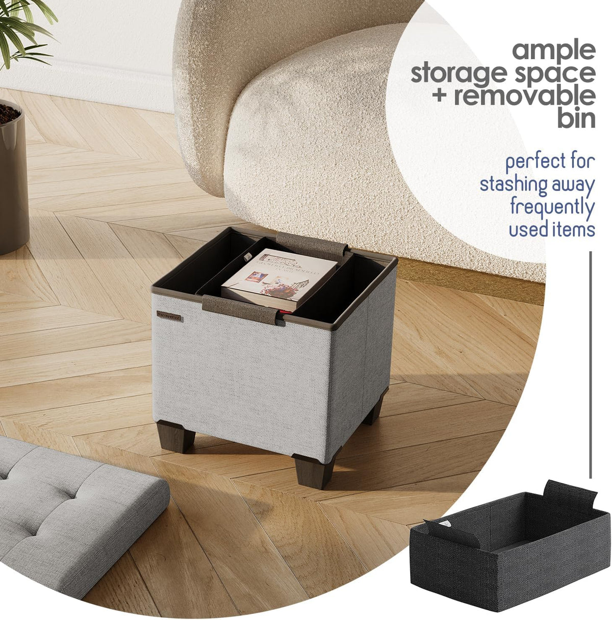STORAGEBUD Storage Ottoman Cube with Small Bin, 16-in Square Ottoman with Storage for Living Room and Bedroom, Small Ottomans Foot Rest, Fabric Foot Stools Ottomans Max 330lbs, Light Grey
