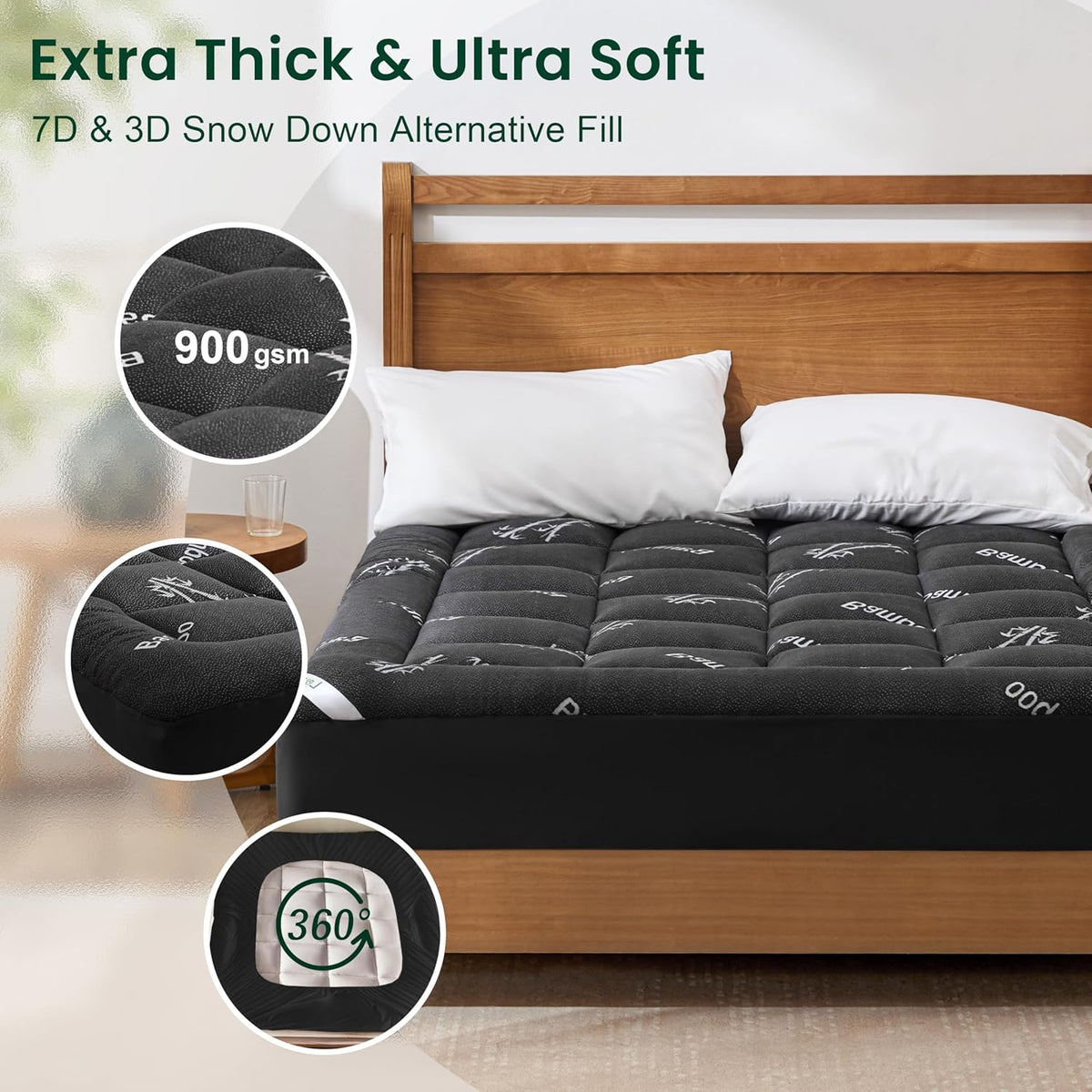 Love's cabin Queen Mattress Topper, Rayon Derived from Bamboo, 900 GSM Breathable Mattress Topper Pad, Thick Pillow Top Mattress Pad with Stretches up 8"-20" Deep Pocket(60"x80"), Black