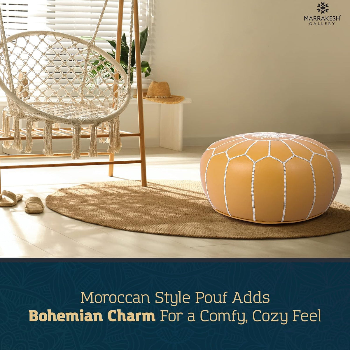 Marrakesh Gallery Genuine Leather Round Pouf Unstuffed - Moroccan Ottoman Footstool, Footrest Cover - Boho Decor - Bohemian Living Room, Bedroom, Kids Room, Gift & Wedding