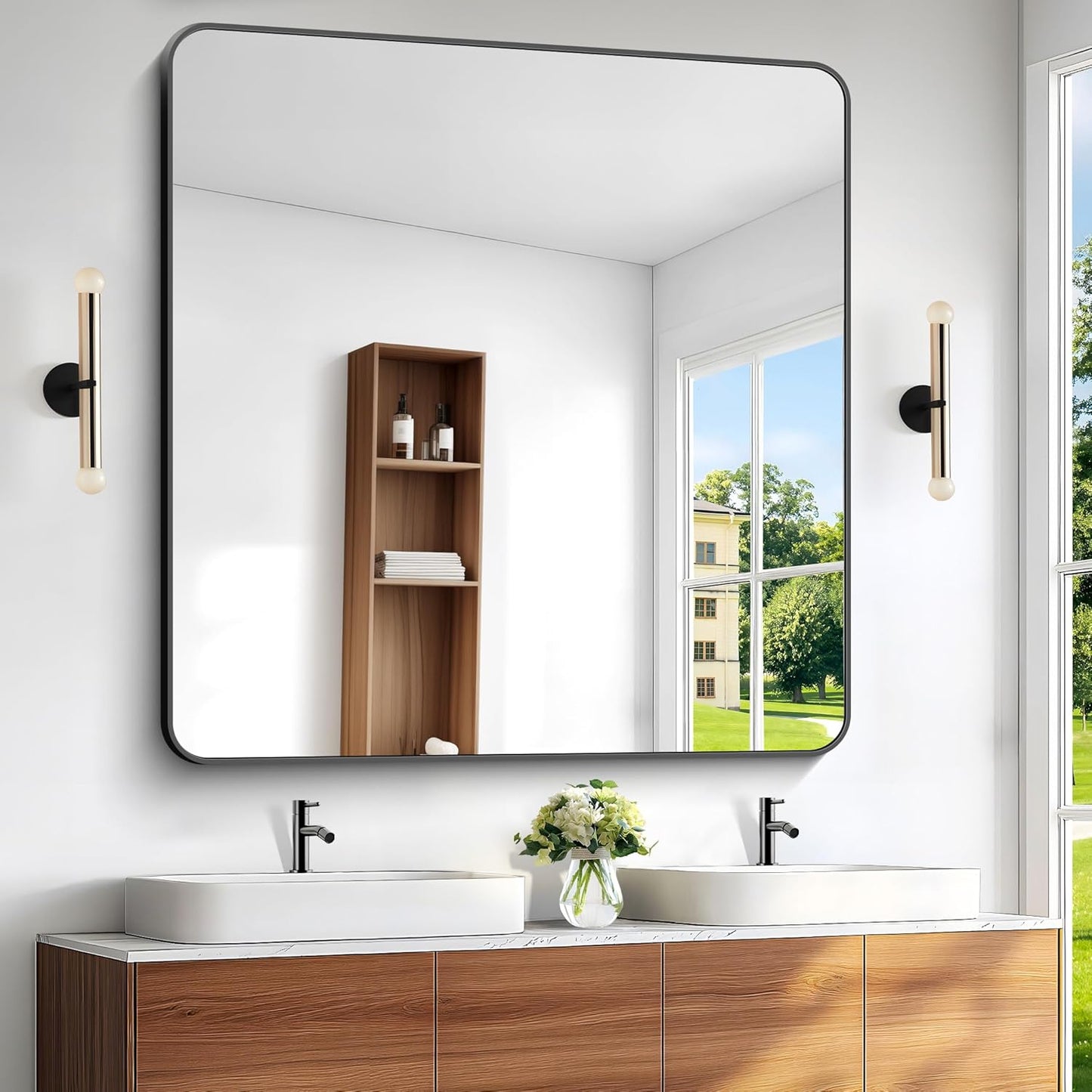 BONEWEI 48x48 inch Bathroom Mirror,Black Rectangle Mirror,Wall Mounted Bathroom Frame Vanity Mirror with Round Corner for Bedroom Living Room,Entryway Hangs Horizontal or Vertical