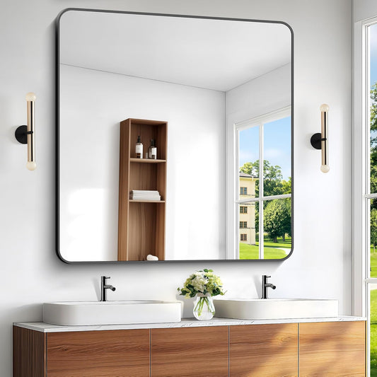 BONEWEI 48x48 inch Bathroom Mirror,Black Rectangle Mirror,Wall Mounted Bathroom Frame Vanity Mirror with Round Corner for Bedroom Living Room,Entryway Hangs Horizontal or Vertical