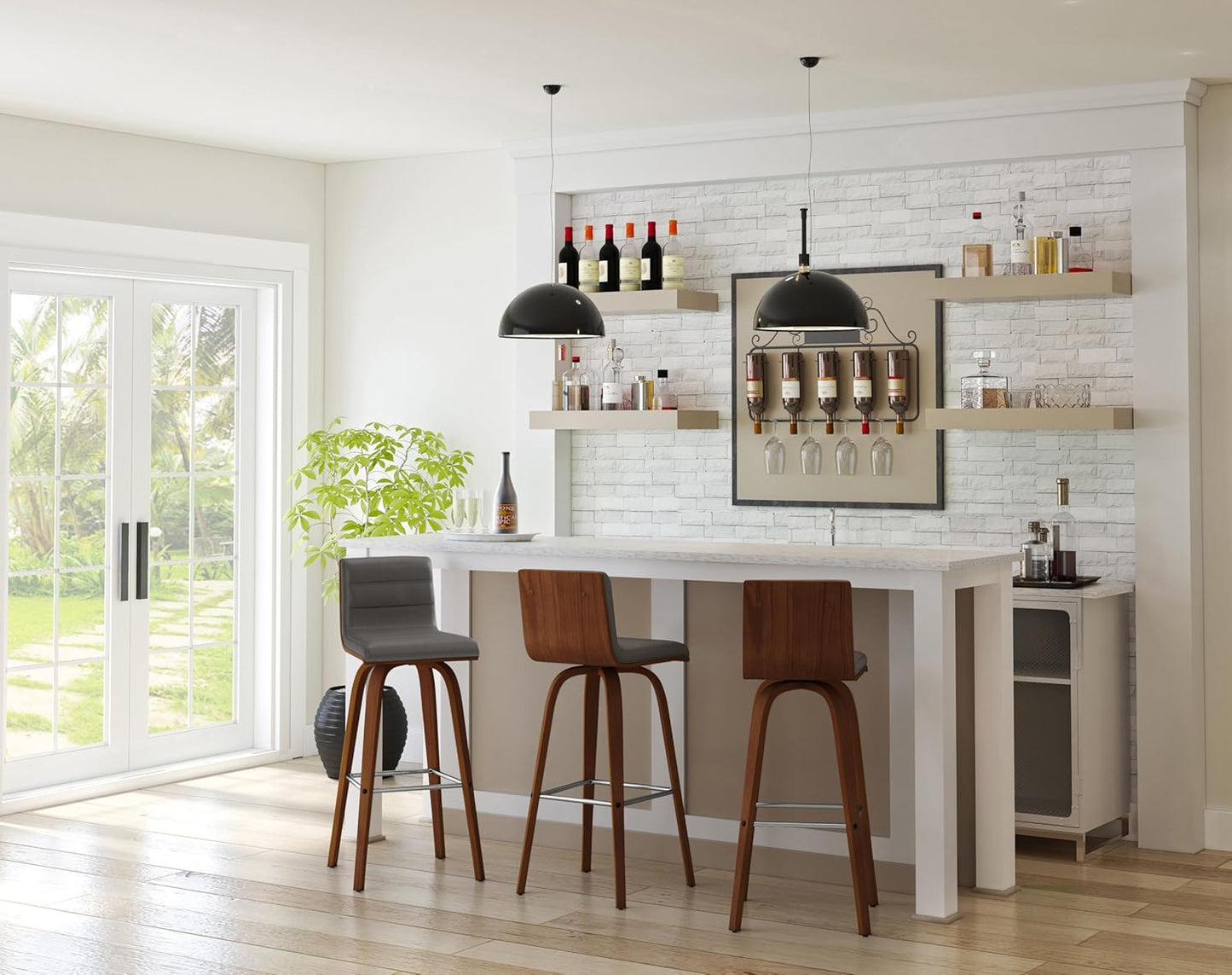 Vienna 30" Swivel Bar Stool in Walnut Wood Finish with Gray Faux Leather - Set of 3