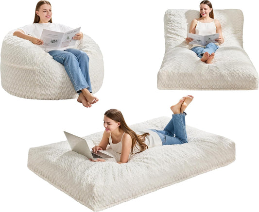Hobestluk Bean Bag Chair Convertible Beanbag Chairs for Adults, 3 in 1 Bean Bags with Plush Chevron Cover, Adult Bean Bag Chair for Living Room, Bedroom (White, Twin)