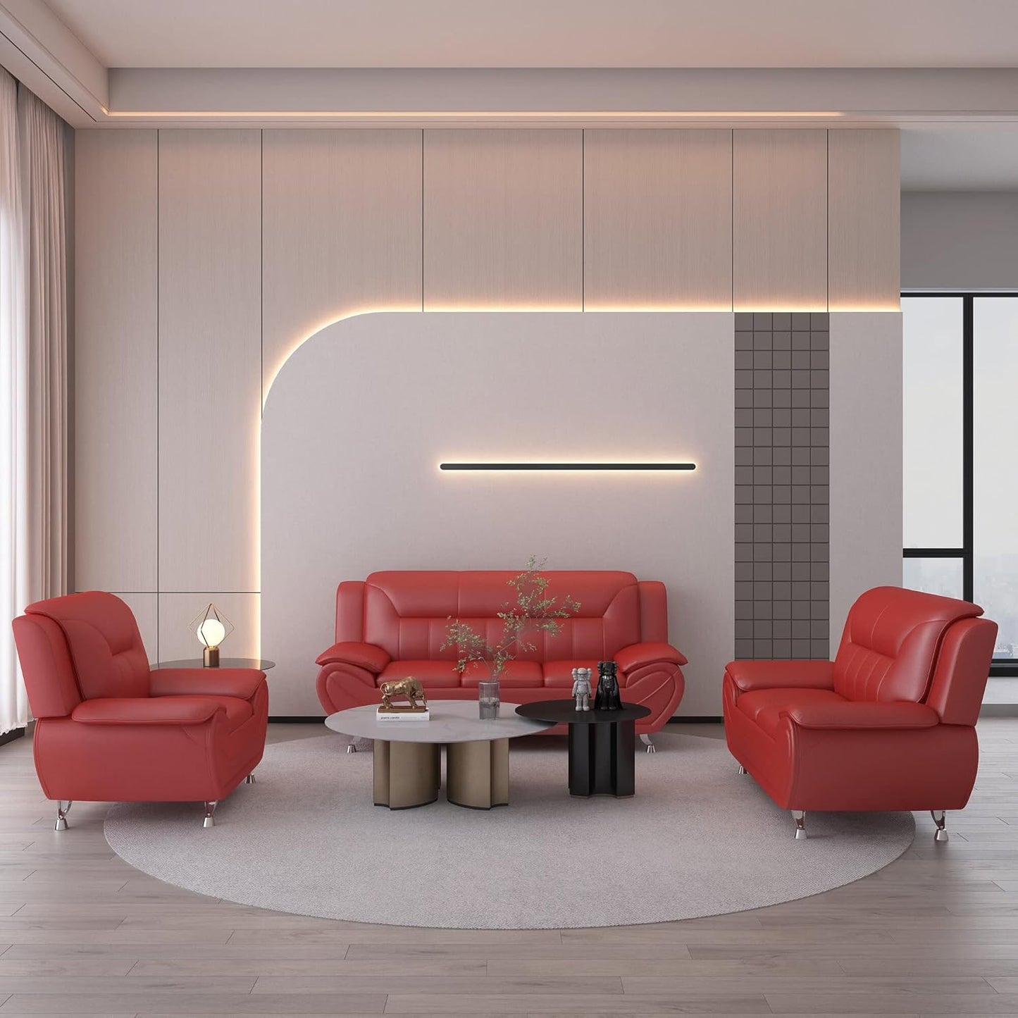 Container Furniture Direct Michael Modern Faux Leather Upholstered Stainless Steel Legs Living Room, Chair, Loveseat, Sofa, Black Camel