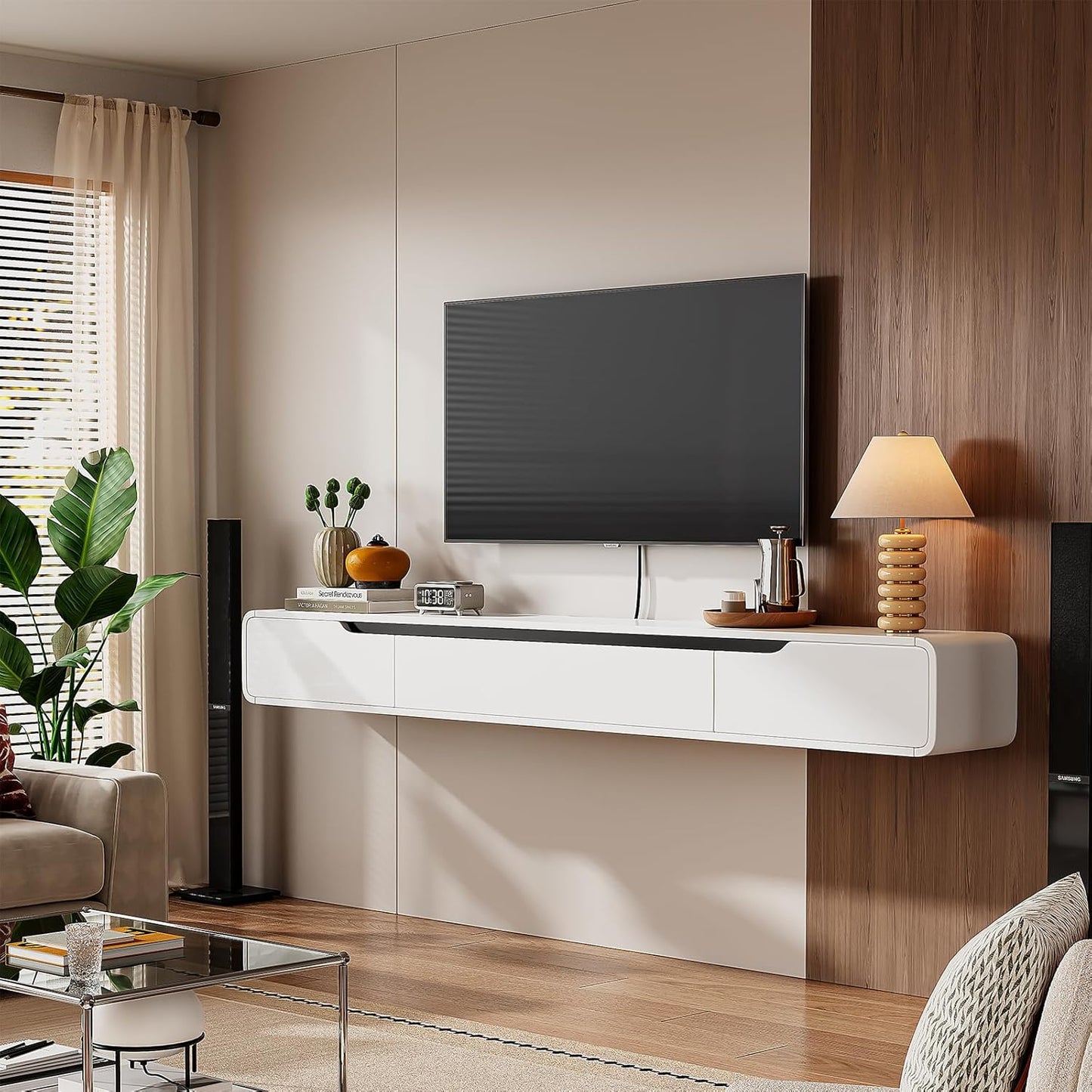 Fully-Assembled Floating TV Stand with Drawers, 94IN High Gloss Wall Mounted Entertainment Center, Modern Media Console with Storage, Under TV Shelf for Bedroom Living Room White