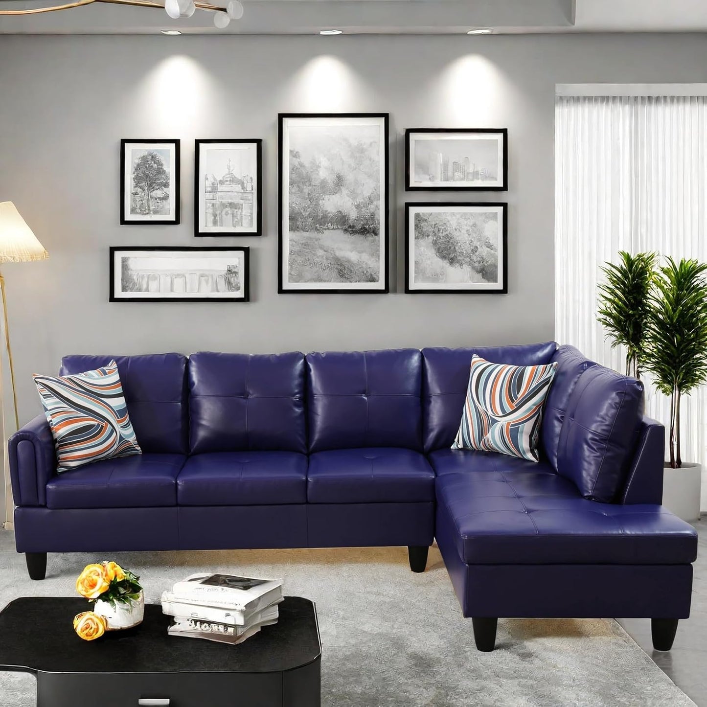 Convertible Leather Sectional Couch, Modern L Shaped Couch with Storage, Large Modular 5-Seat Sectional Sofa with Ottomans for Living Room and Office, Dark Blue-Violet