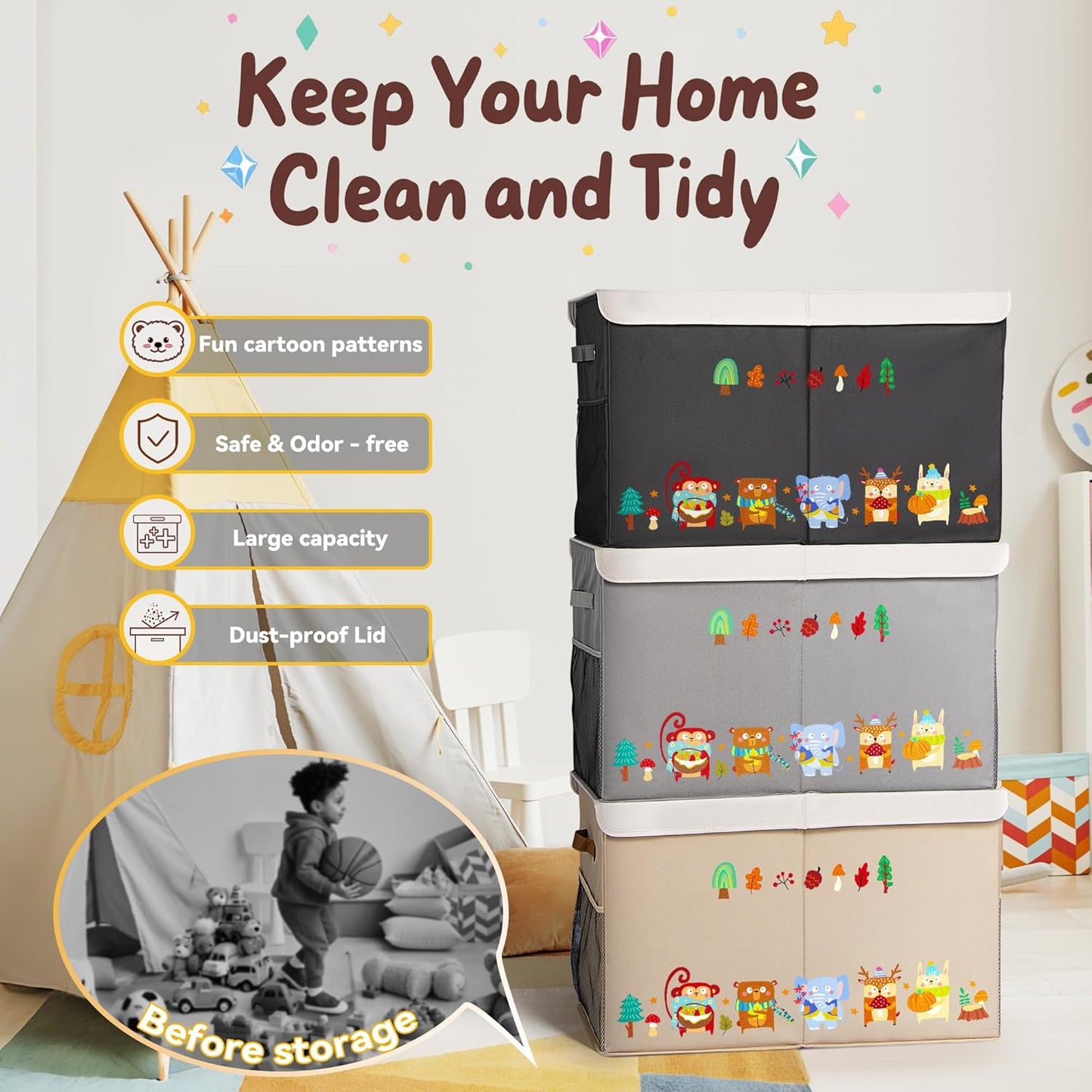 80L Large Toy Storage Box with Lid, Large Toy Box Chest for Kids, Girls and Boys, Nursery Room and Living Room, 26"x13" x16" (grey-animal)