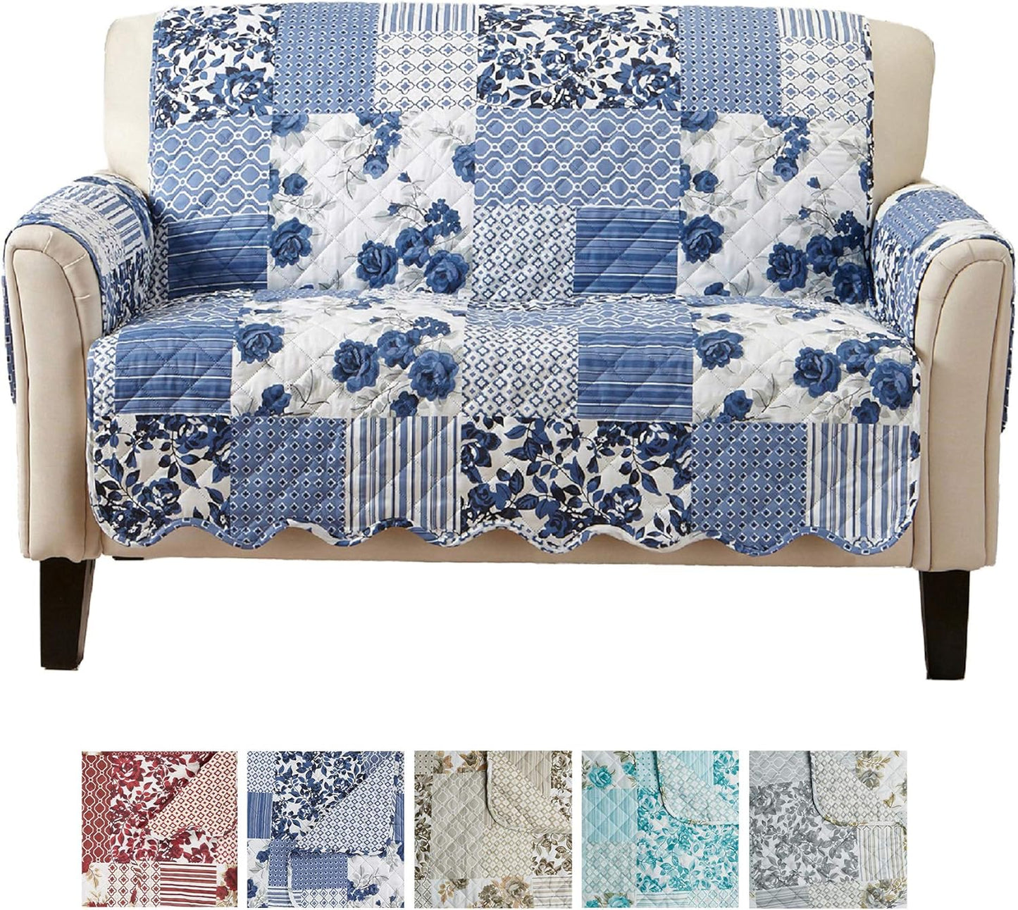 Great Bay Home Patchwork Scalloped Printed Furniture Protector Stain Resistant Loveseat Cover (Loveseat, Navy)