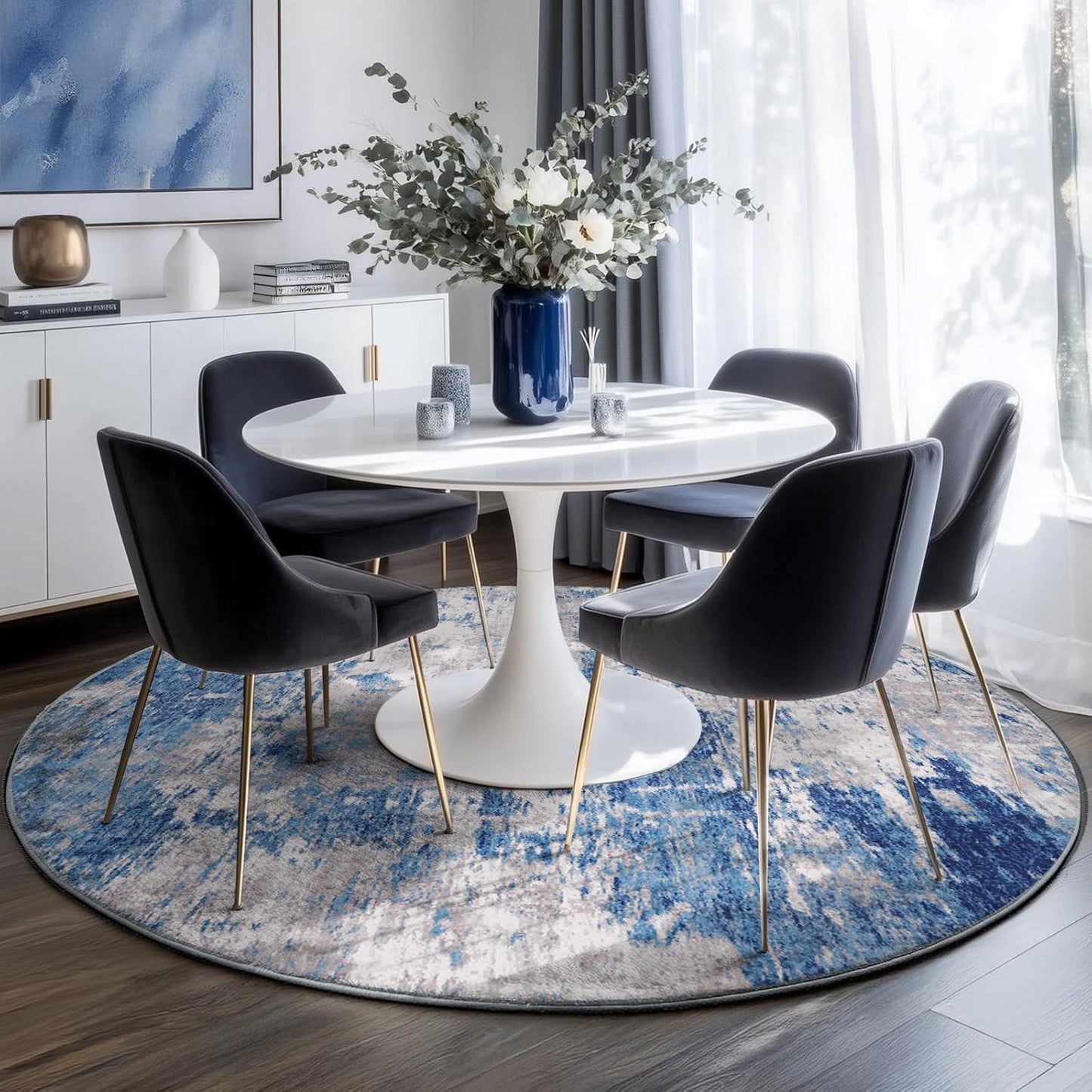 Washable Area Rugs 6ft Non-Slip Modern Abstract Soft for Living Room Entryway Bedroom Nursery, Print Pattern, Blue Grey Navy Gray