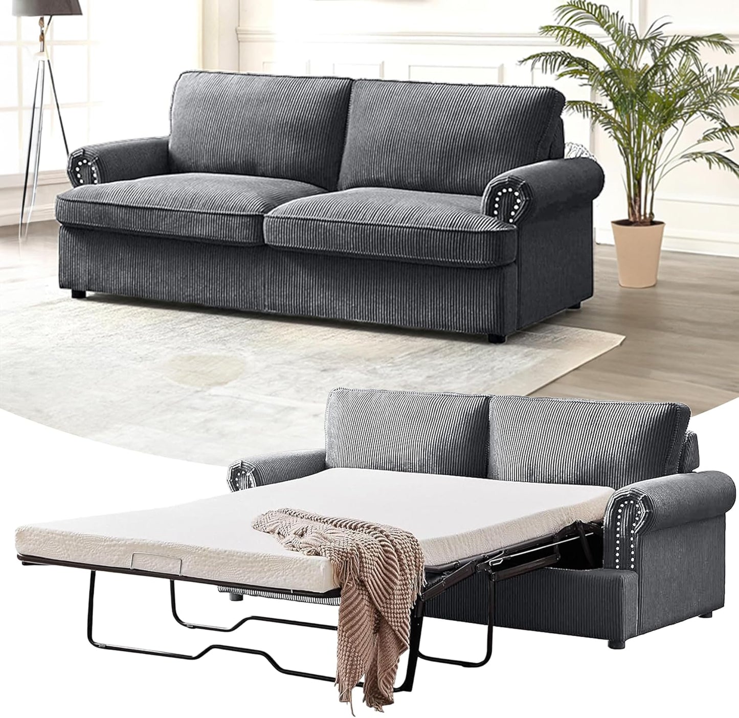 Reversible Sleeper Sofa Bed with Comfortable Memory Foam Mattress, Convertible Corduroy Full Size Pull Out Couch for Living Room, Space Saving Furniture, 72" Wide, Rounded Arms, Grey
