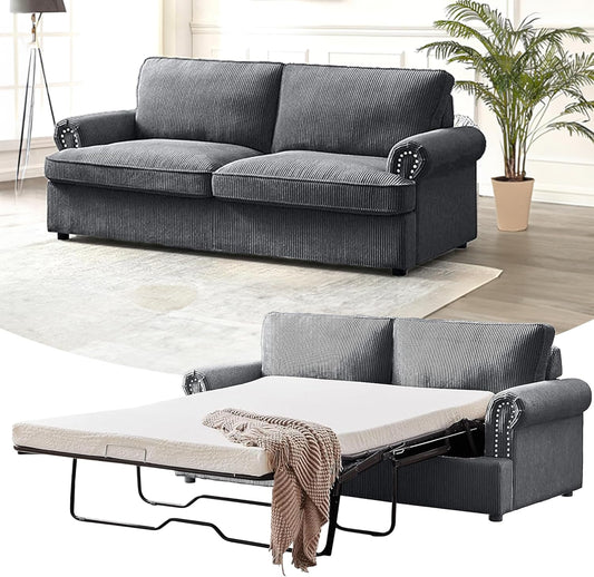 Reversible Sleeper Sofa Bed with Comfortable Memory Foam Mattress, Convertible Corduroy Full Size Pull Out Couch for Living Room, Space Saving Furniture, 72" Wide, Rounded Arms, Grey