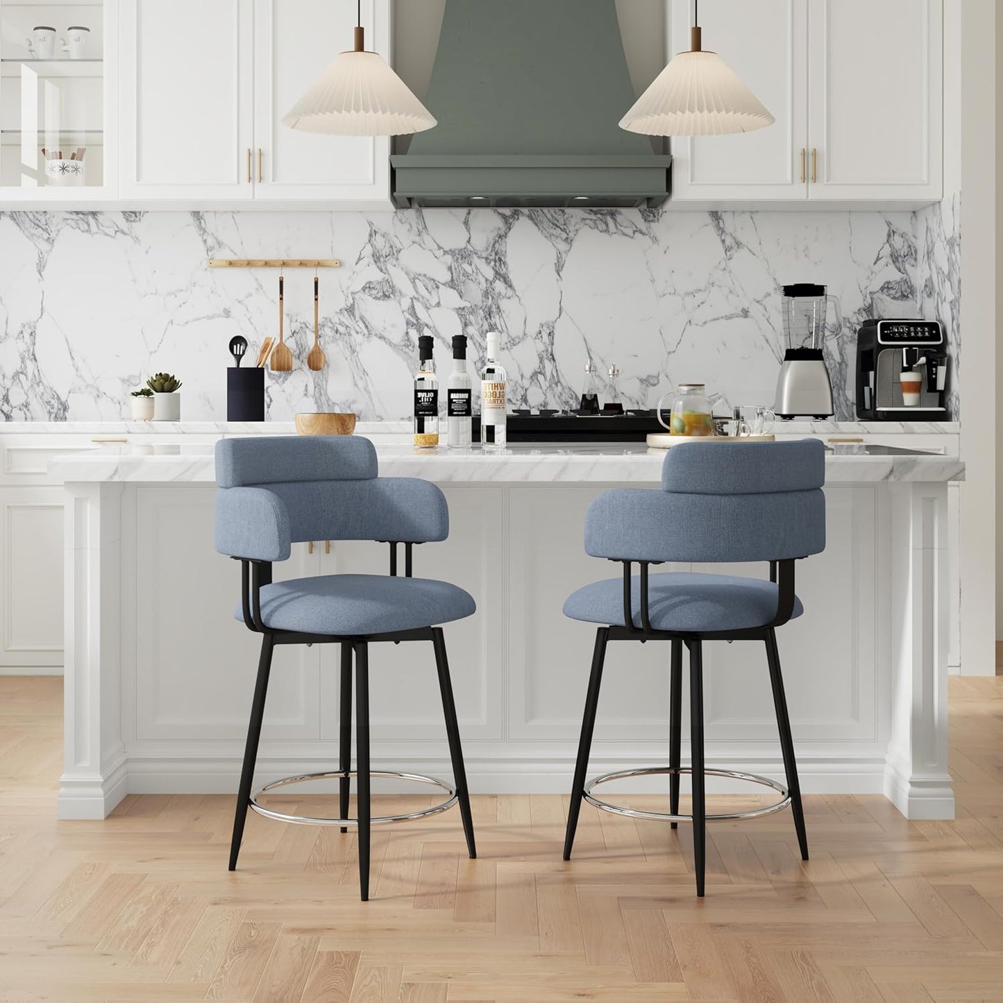 Swivel Bar Stools Set of 2, Counter Height Bar Stools with Ergonomic Full Back, Upholstered Linen Fabric Barstools with Chrome Metal Footrest for Kitchen Island, Dining Room