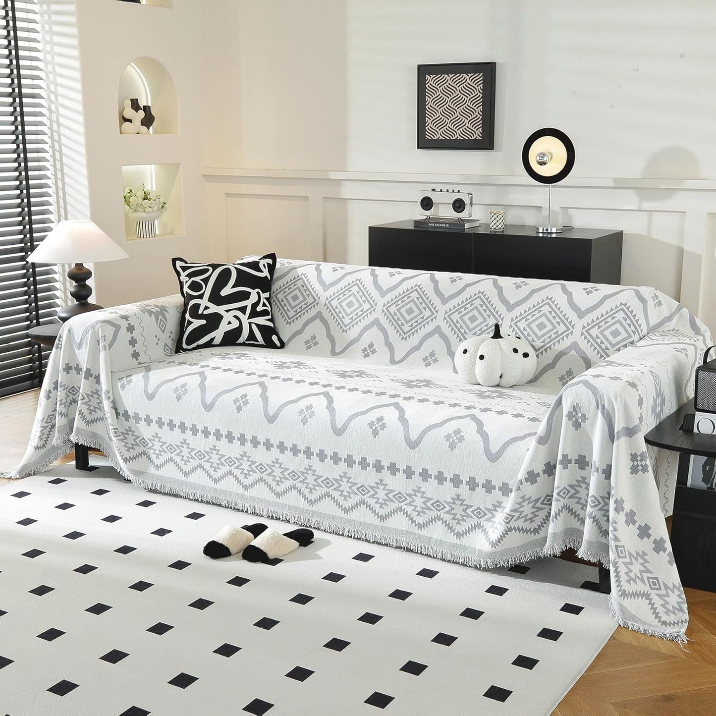 LUFEIJIASHI Boho Couch Covers for Sofa Non Slip Sofa Covers Washable Couch Covers for 3 Cushion Couch Sofa Pet Friendly Sectional Couch Cover Blanket Furniture Protector for Dogs (Grey, 91"x118")