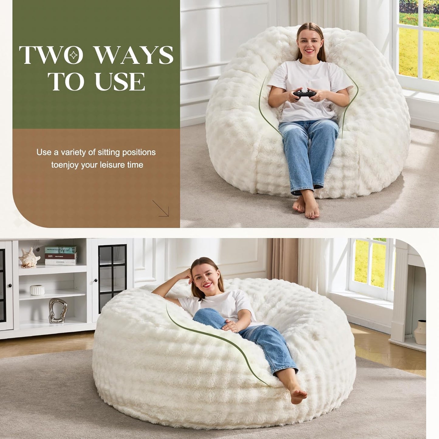 Hobestluk Bean Bag Chairs 5ft Beanbag Chair with Filler Adult Bean Bags with Fluffy & Machine Washable Cover, Giant Bean Bag Chairs for Adults (White, 5FT-50" x 50" x 24")
