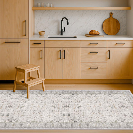 Light Gray Washable 2'6"x8' Wide Hallway Runners, Kitchen Runner Rug, Non-Slip & Stain Resistant Long Floor Rug, Neutral Boho Floral Décor