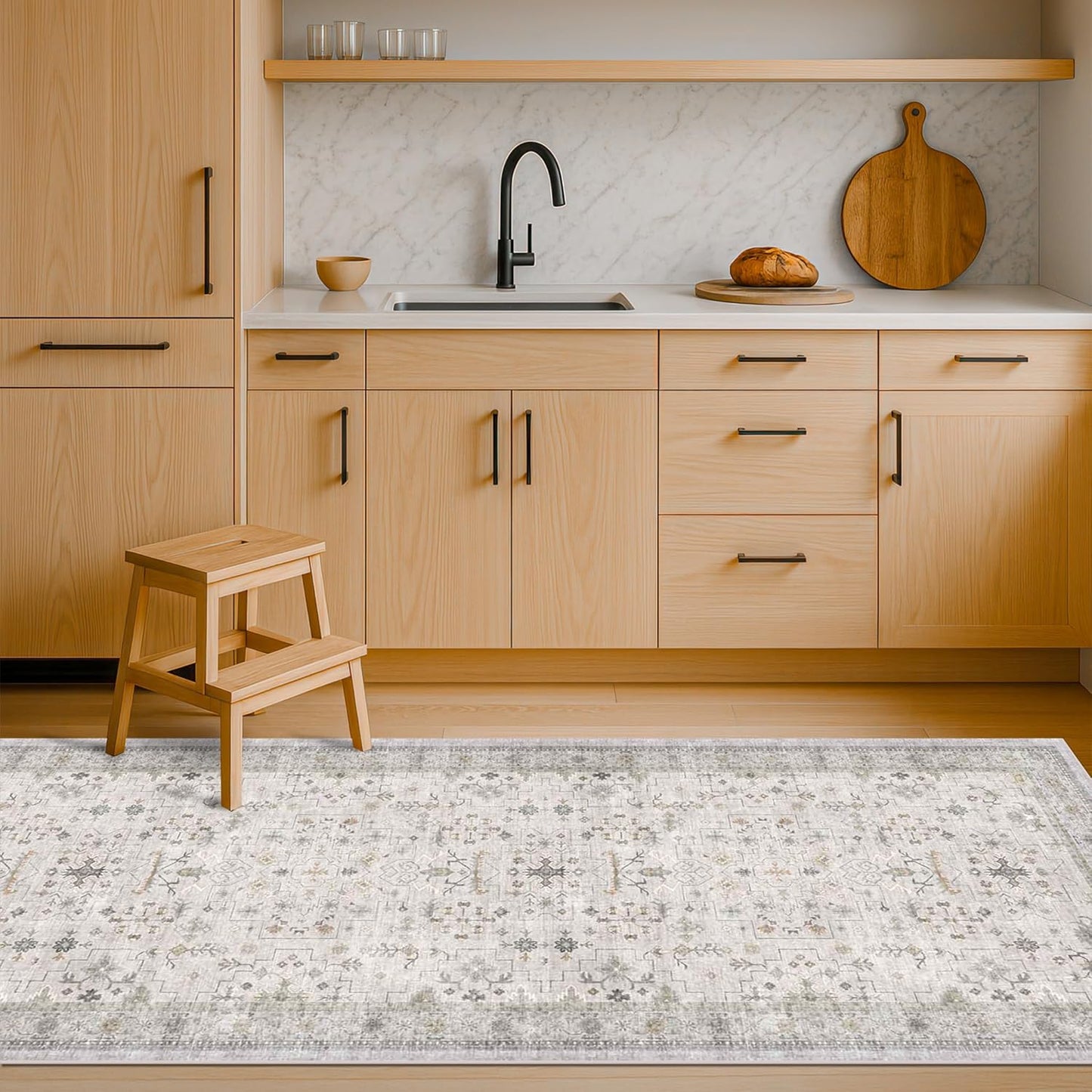 Light Grey 2x7 Boho Bathroom Runner Rug - Modern Vintage Eclectic Floral Pastel Neutral Taupe, Washable Low Pile Non-Slip Runner Rugs for Hallway, Kitchen, Door Mat Indoor Entrance, Bedroom Beside Bed