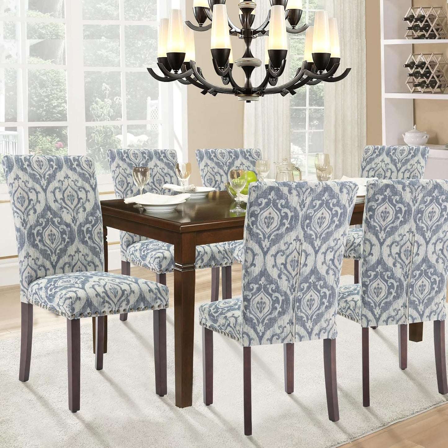 Parsons Dining Chairs Set of 6, Upholstered Nailhead Dining Room Kitchen Side Chair with Thick Cushions and Wood Legs, White/Blue