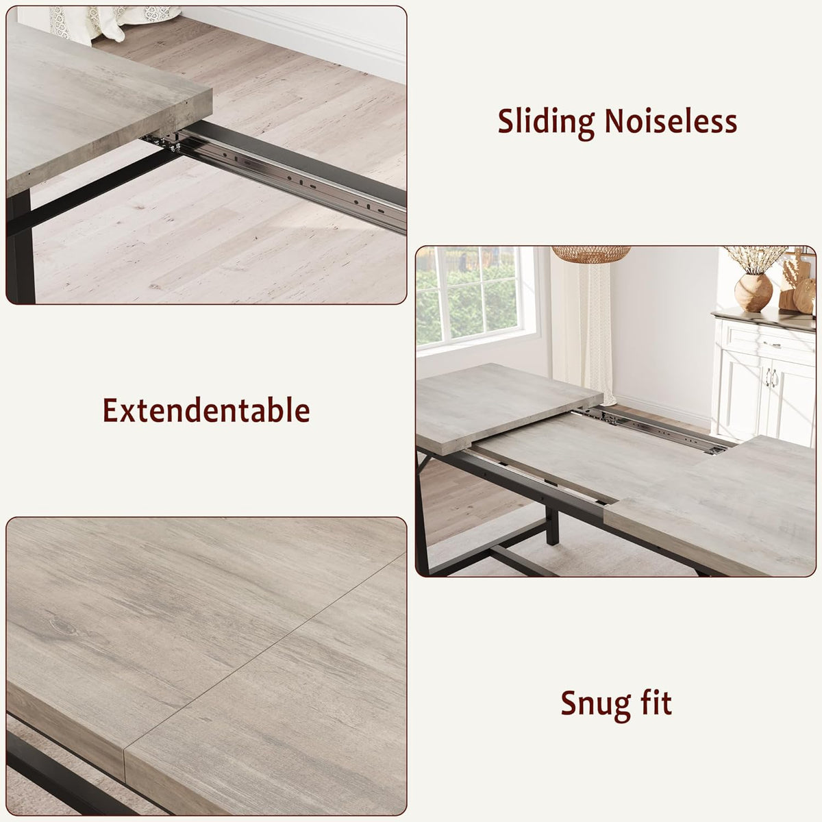 Dining Table Set for 4-6, 63“ Large Extendable Kitchen Table Set, Wood Rectangle Kitchen Table with 2 Soft Benches for Small Space, Apartment, DinnerSaving Space, Grey