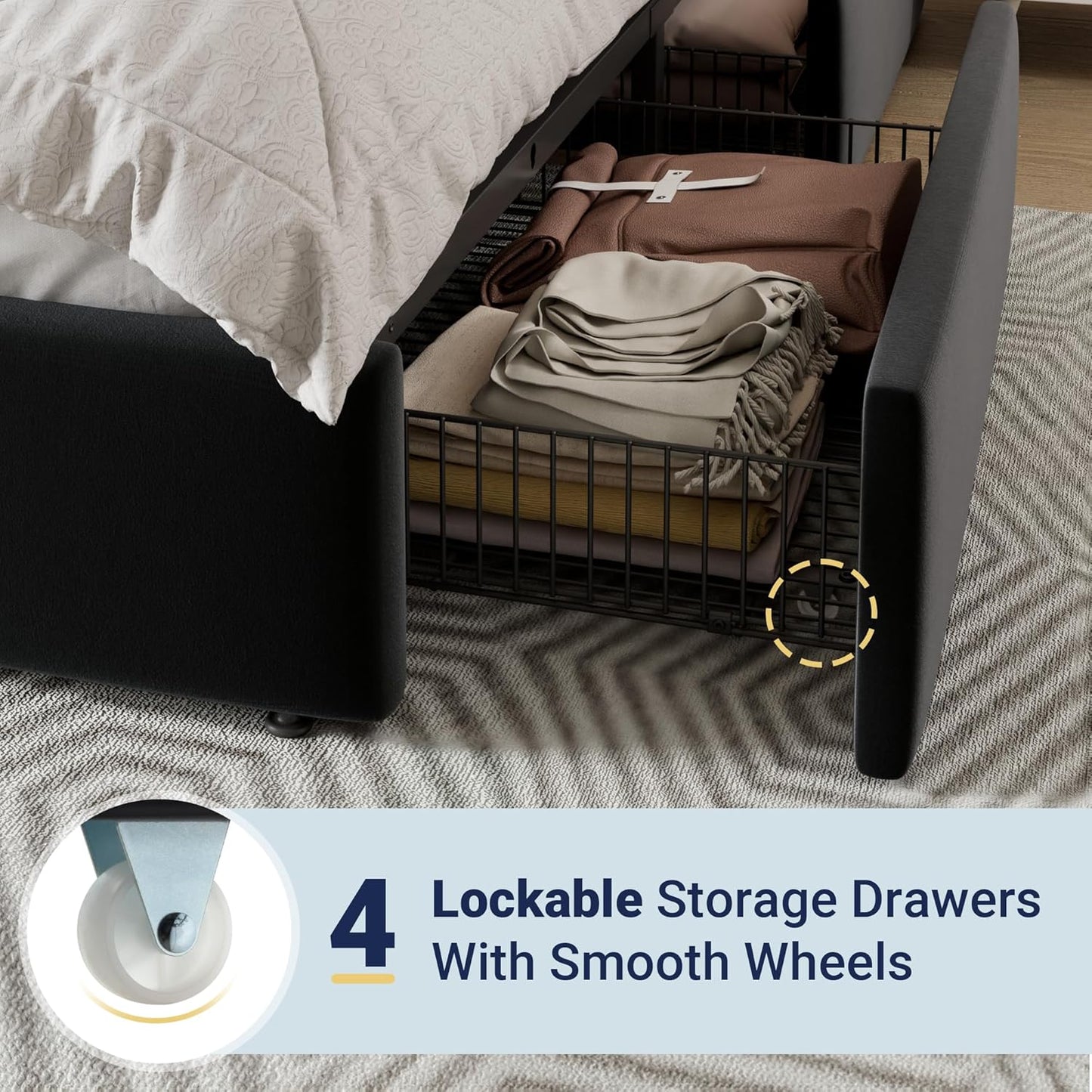 Allewie Modern Full Size Platform Bed Frame with 4 Storage Drawers and Velvet Upholstered Headboard, Wooden Slats Support, Upholstered Mattress Foundation/No Box Spring Needed/Easy Assembly, Black