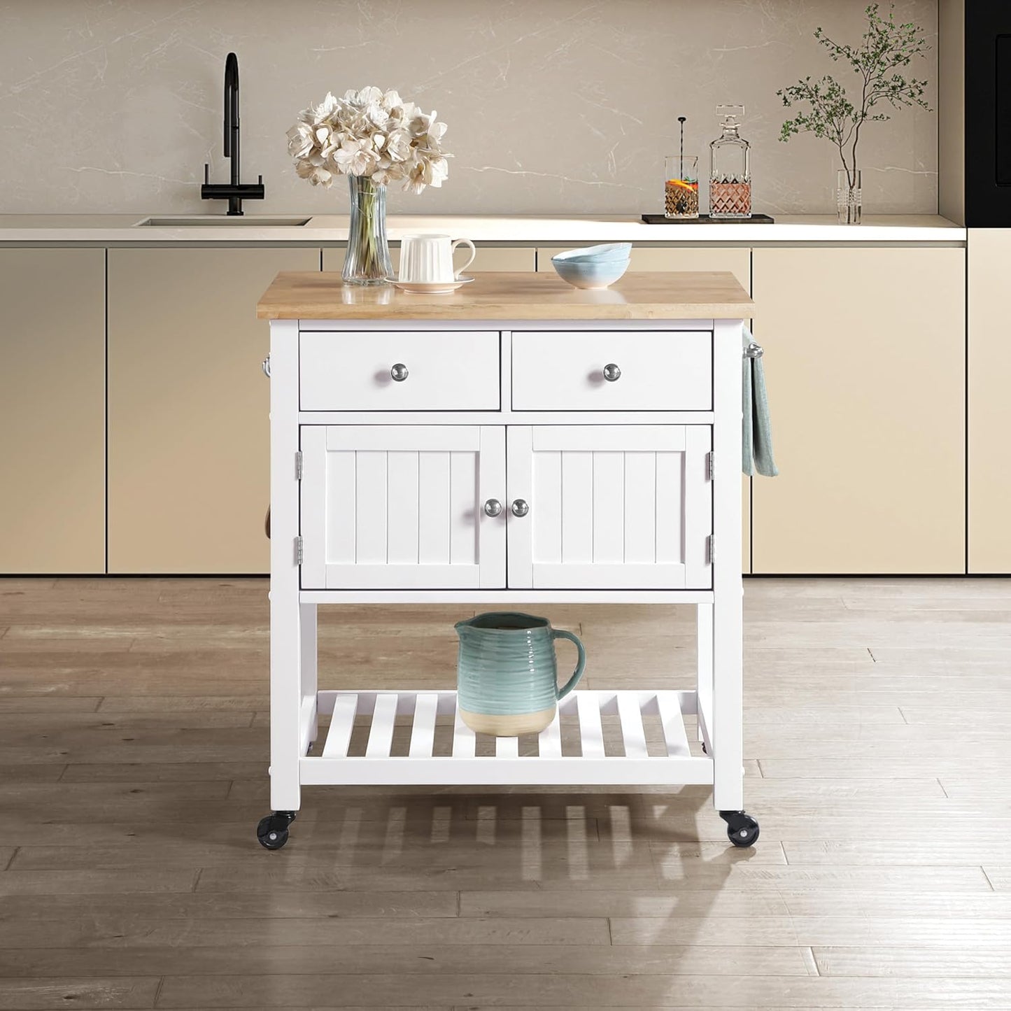 OSP Home Furnishings Stirling Farmhouse Kitchen Cart, Rolling Storage Cabinet with Drawers, Shelf, 5 Utility Hooks, White with Wood Top