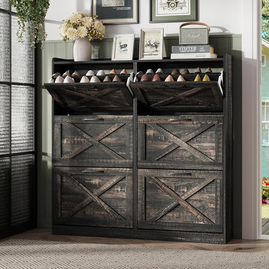 Maupvit Large Shoe Storage Cabinet with 6 Flip Drawers, Freestanding Shoe Organizer with Metal Handles for Entryway, Narrow Shoe Rack Cabinet, Dark Rustic Oak