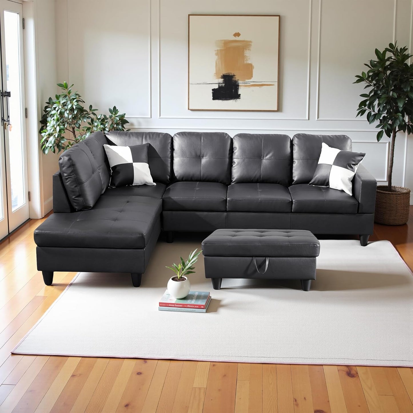 Osparple L Shaped Couch Faux Leather Sectional Couches for Living Room Upholstered 3 Pieces Modular Sectional Sofa with Chaise, Ottoman with Storage for Living Room and Small Apartment, Black