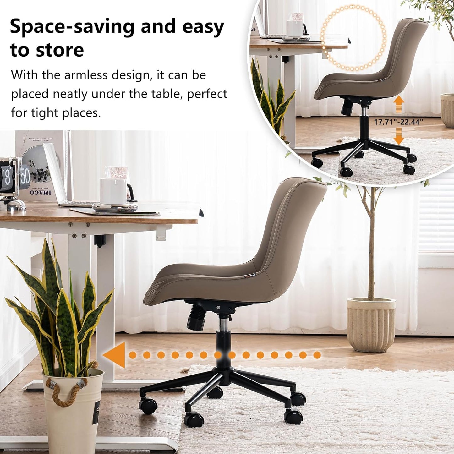YOUNIKE Khaki Comfy Home Office Desk Chair with Wheels Armless Vanity Chair with Back Ergonomic Modern Leather Upholstered Rolling Task Chair Small Cute Sewing Chair No Arms Wide Swivel Adjustable