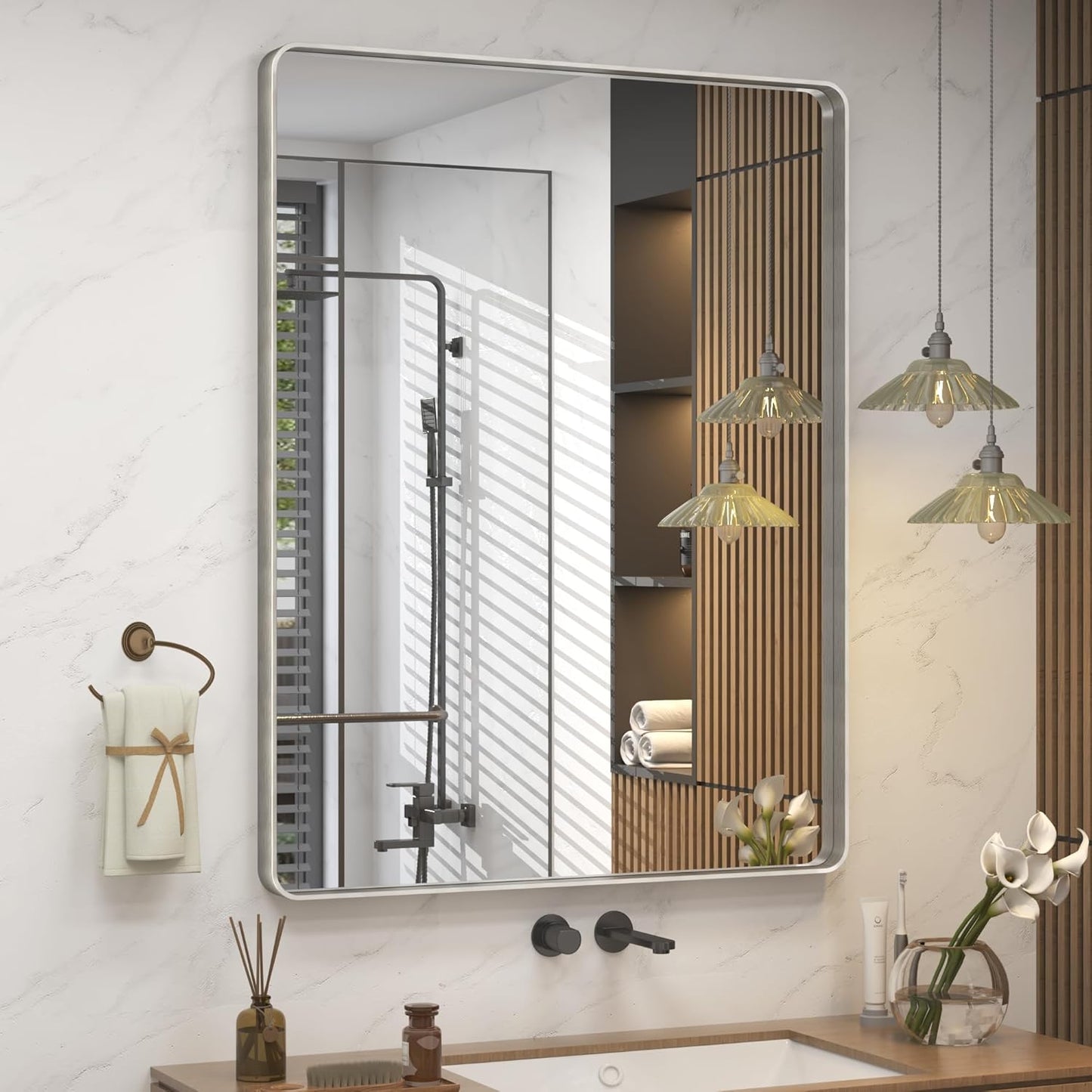 24x32 Inch Brushed Nickel Bathroom Mirror, Rounded Rectangle Silver Metal Frame Mirror, Silver Bathroom Vanity Mirror, Anti-Rust, Hangs Horizontally or Vertically
