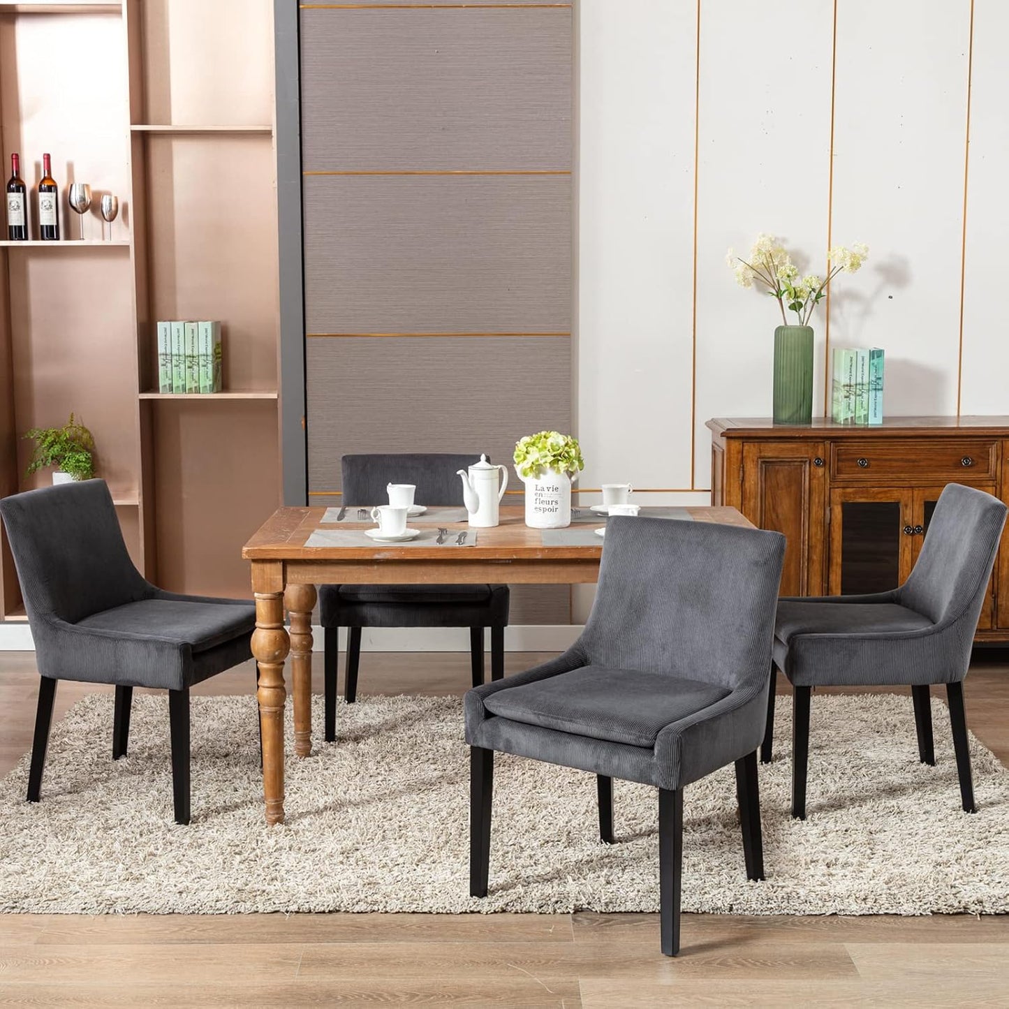 COLAMY Modern Dining Chairs Set of 4, Upholstered Corduroy Accent Side Leisure Chairs with Mid Back and Wood Legs for Living Room/Dining Room-Grey