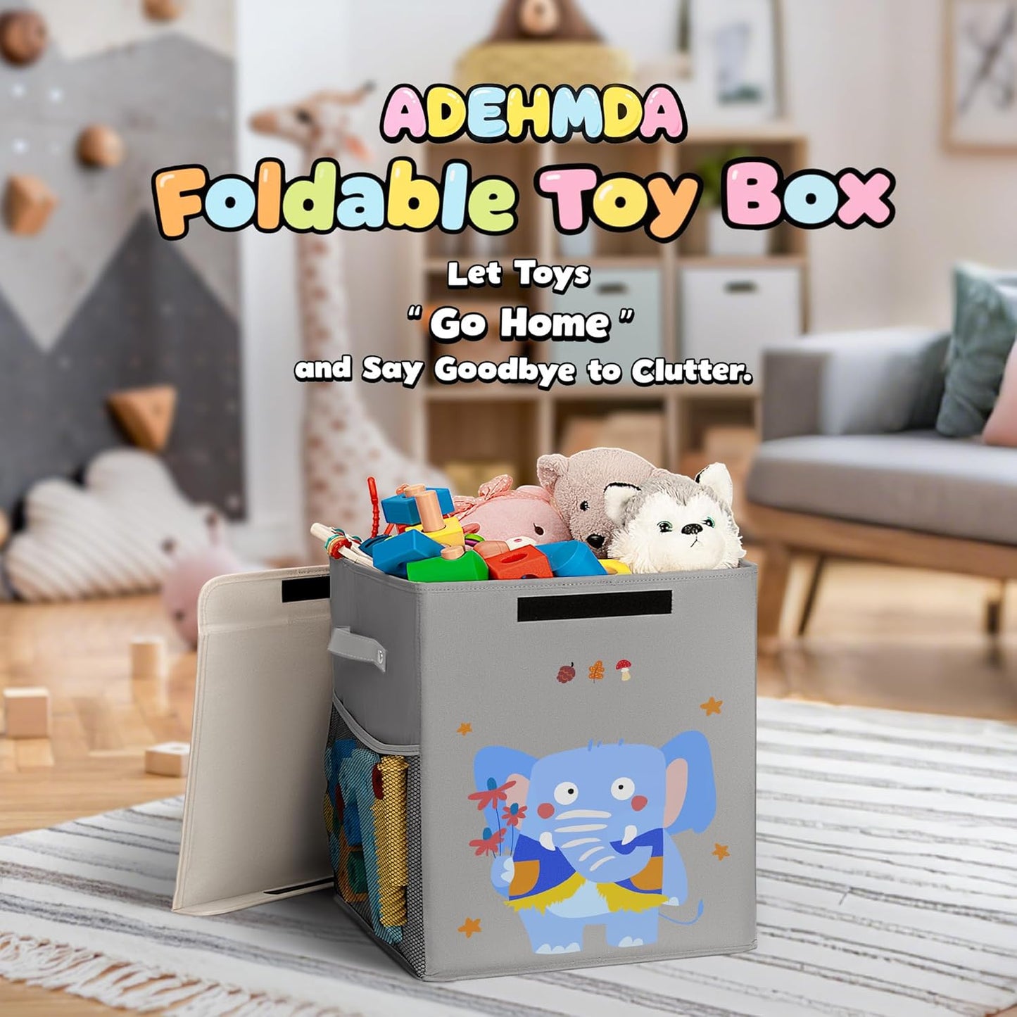 40L Large Toy Storage Box with Lid, Large Toy Box Chest for Kids, Girls and Boys, Nursery Room and Living Room, 13"x13" x16" (grey-animal)