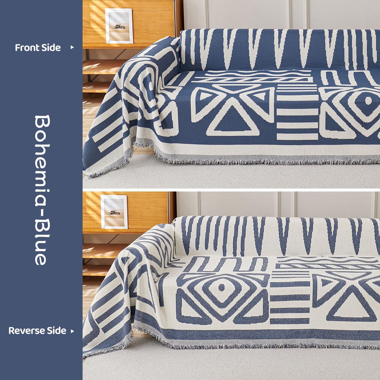STACYPIK Boho Chenille Couch Cover, Blue Jacquard Sofa Cover for 3 Cushion Couch, Reversible Furniture Protector, Anti Slip Geometric Couch Covers for Sectional, Loveseat Cover Pet-Friendly-71X134IN