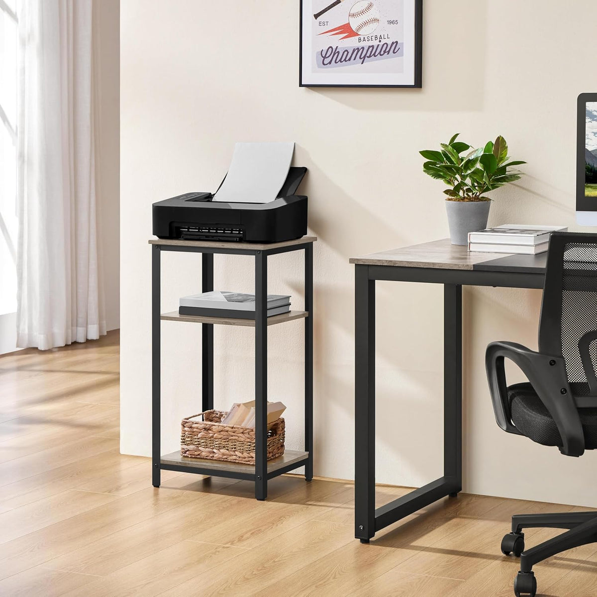 Yaheetech Tall End Table Set of 2, 18x14x29.5 inch Industrial Side Table with Strong Wooden Shelves, 2PCS Slim 3-Tier Telephone Table with Metal Frame for Living Room, Small Places - Gray