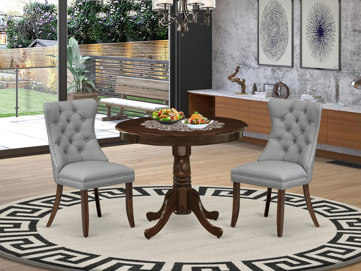 East West Furniture ANDA3-AWA-27 3 Piece Dining Room Table Set Consists of a Round Kitchen Table with Pedestal and 2 Polyester Fabric Parson Chairs, 36x36 Inch, Antique Walnut
