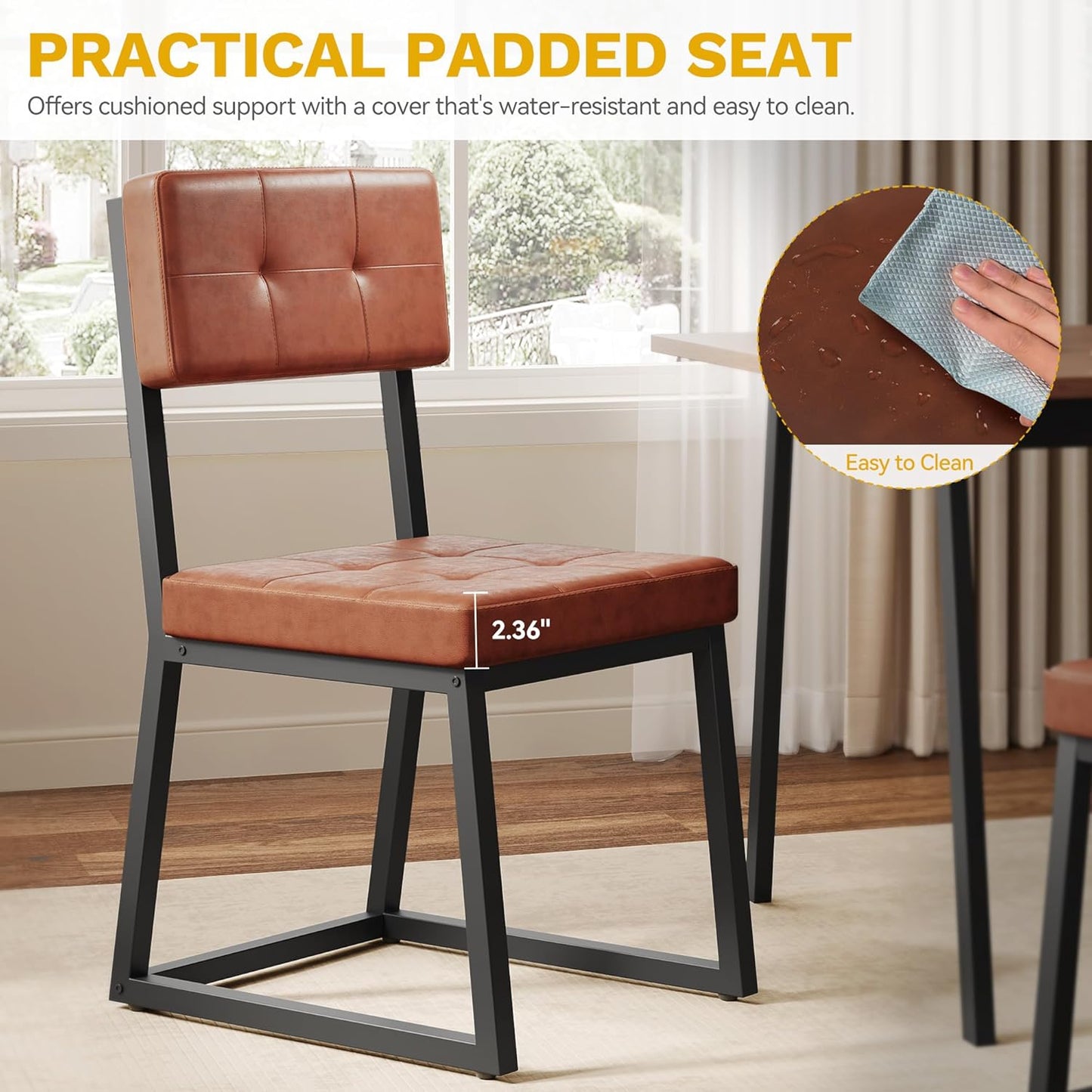 DWVO Modern Dining Chairs Set of 2 Brown Upholstered Kitchen Chairs with Faux Leather Cushion Seat and Heavy Duty Metal Leg for Kitchen Living Room Restaurant, Brown