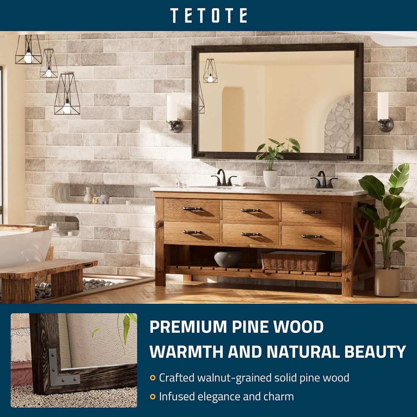 TETOTE 48 x 30 Black Wood Mirror for Bathroom Wall/Bedroom/Living Room/Entryway Farmhouse Rustic Wall Mirror Waterproof (Horizontal/Vertical Mounted)